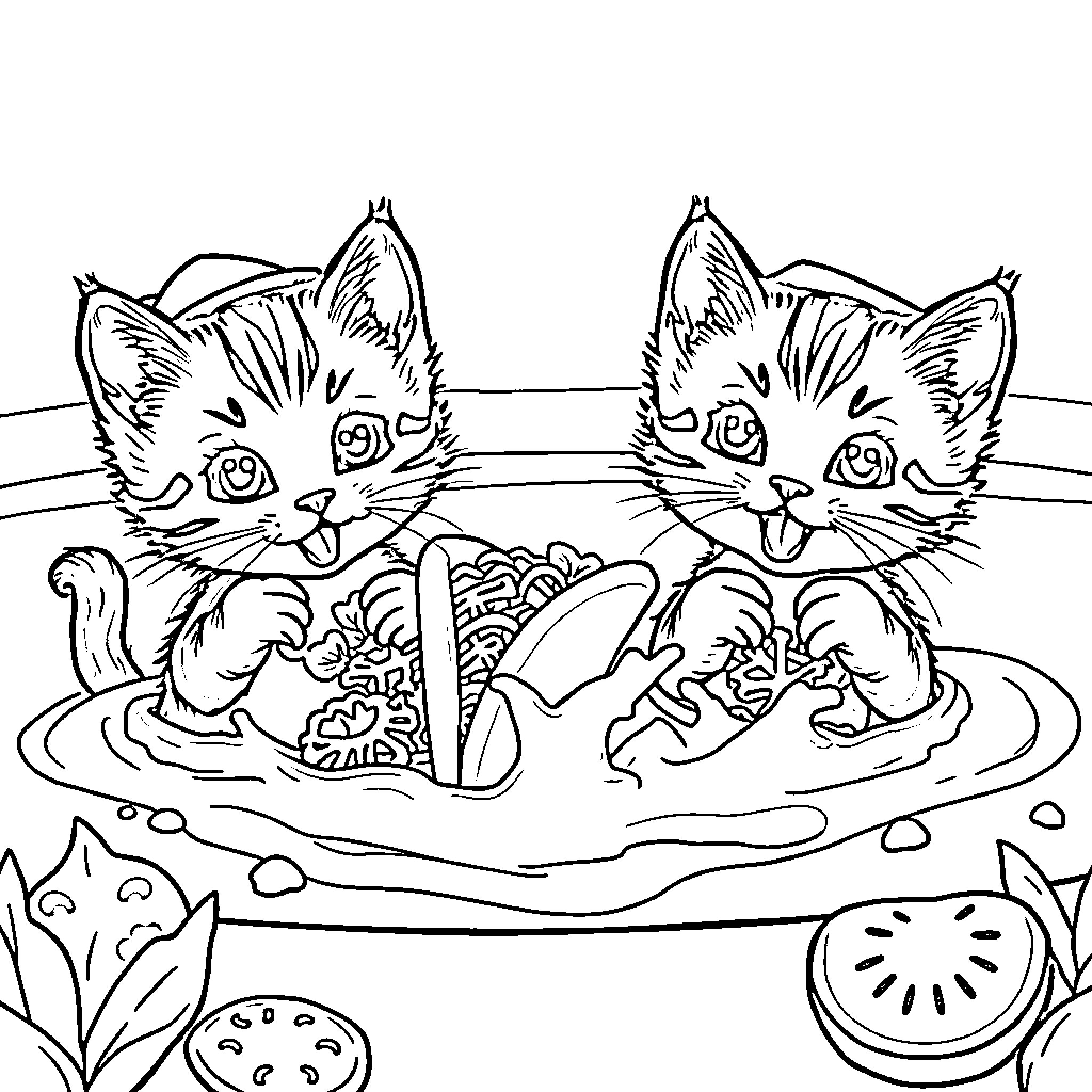 Kittens playing in a bowl of food Coloring Page (free black-and-white line drawing printable PDF for all, from beginners to advanced learners, including children, teens, adults, and seniors)