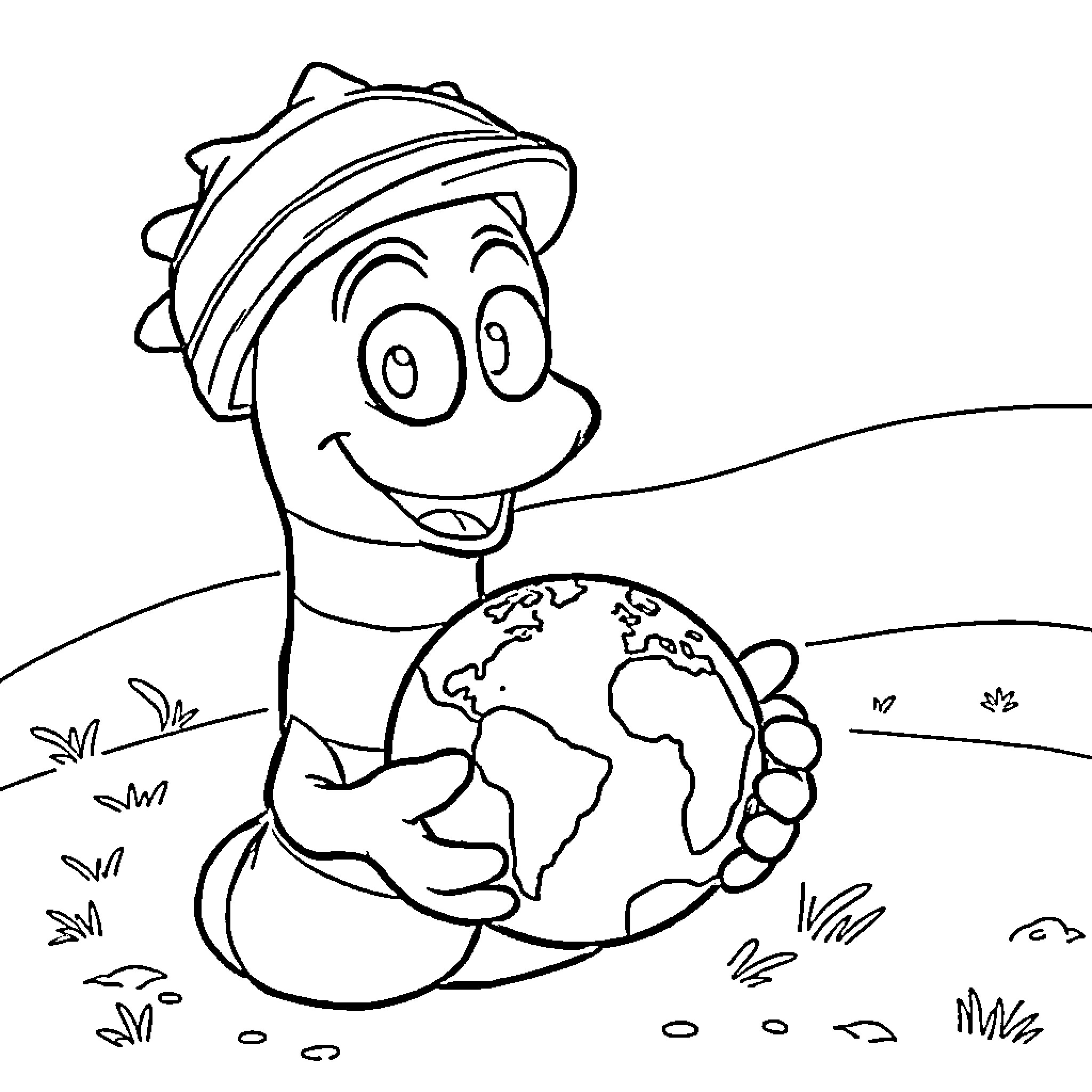Earthworm Jim explores the world Coloring Page (free black-and-white line drawing printable PDF for all, from beginners to advanced learners, including children, teens, adults, and seniors)