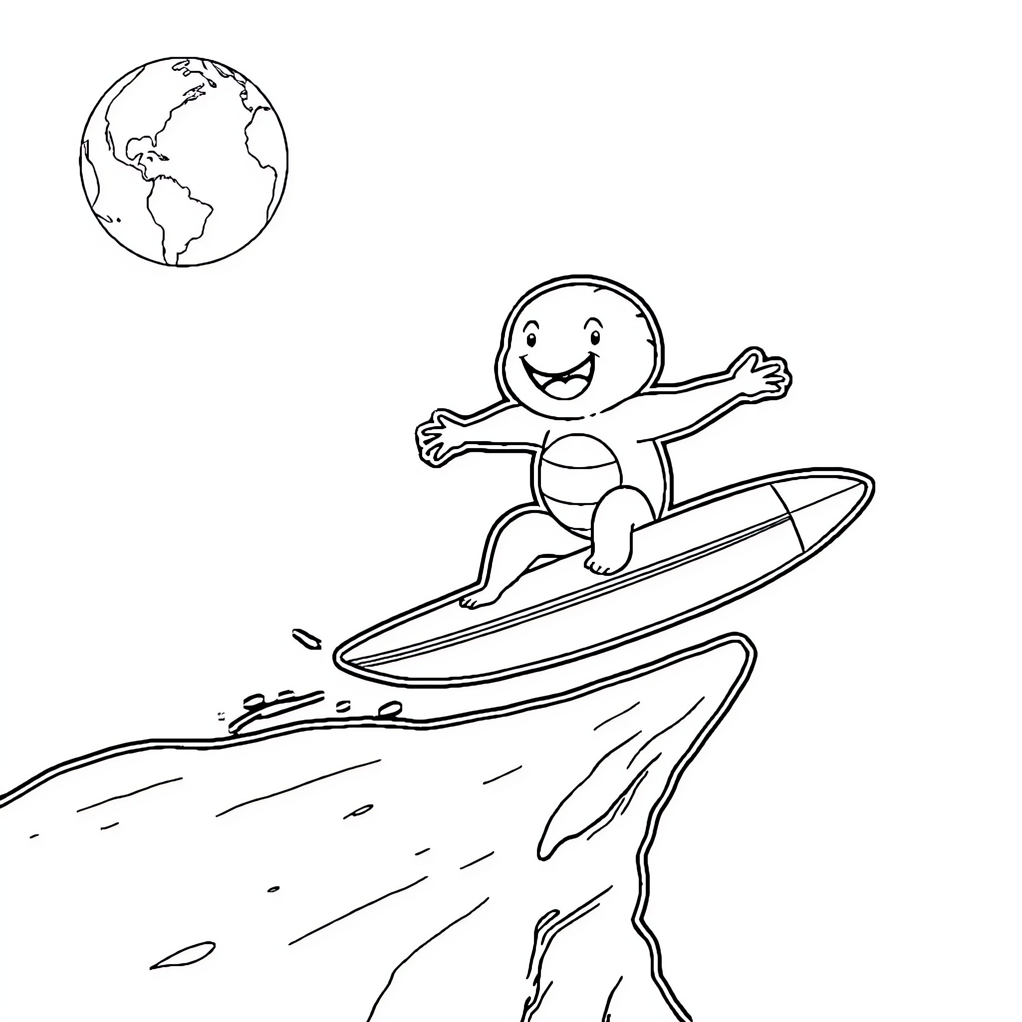 Labubu surfs joyfully in the ocean Coloring Page (free black-and-white line drawing printable PDF for all, from beginners to advanced learners, including children, teens, adults, and seniors)