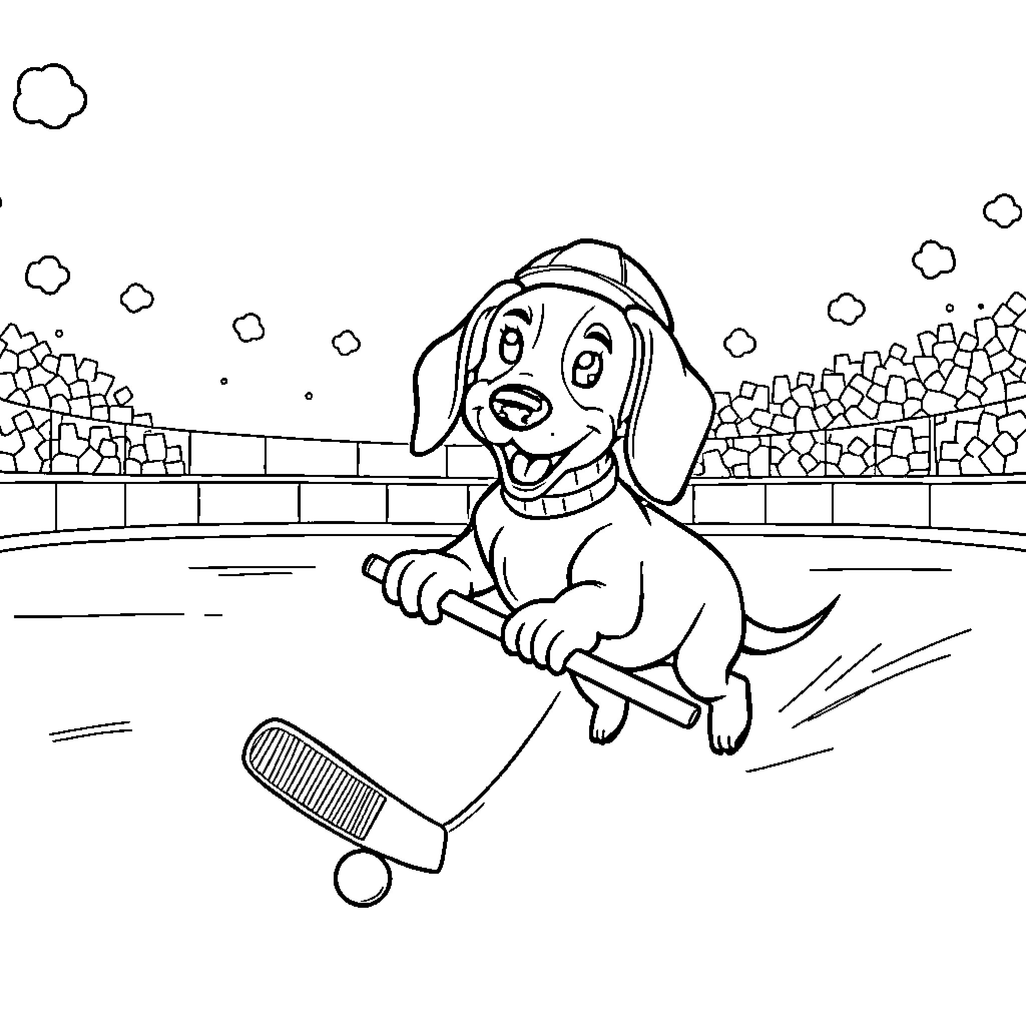 Weiner Dog Playing with Tennis Racket Coloring Page (free black-and-white line drawing printable PDF for all, from beginners to advanced learners, including children, teens, adults, and seniors)