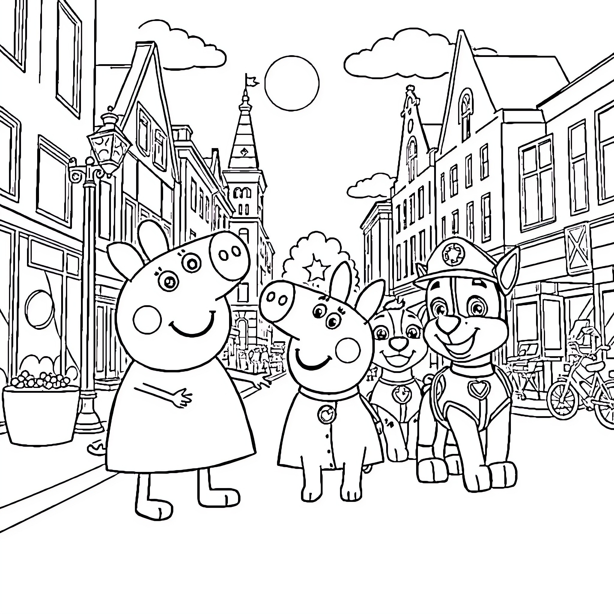 Peppa Pig and friends explore the city streets Coloring Page (free black-and-white line drawing printable PDF for all, from beginners to advanced learners, including children, teens, adults, and seniors)