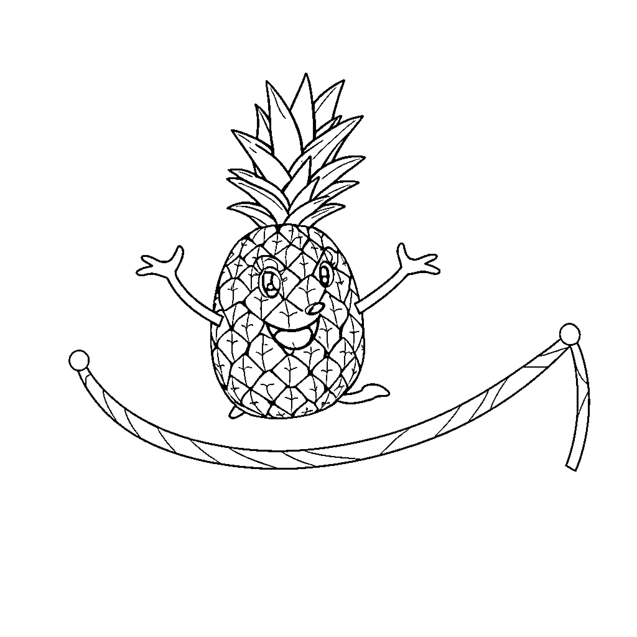 Pineapple character swinging on rope Coloring Page (free black-and-white line drawing printable PDF for all, from beginners to advanced learners, including children, teens, adults, and seniors)