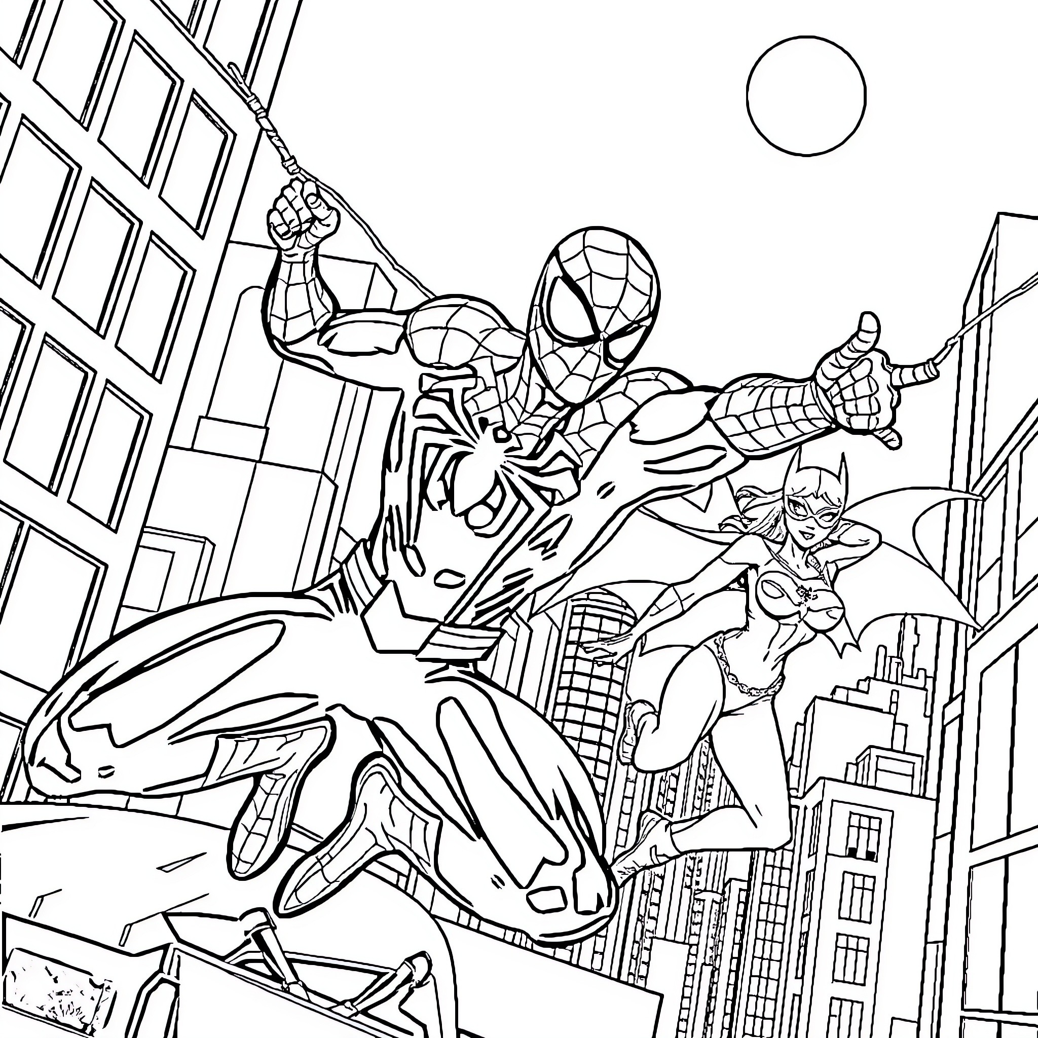 Spiderman swinging through the city with action Coloring Page (free black-and-white line drawing printable PDF for all, from beginners to advanced learners, including children, teens, adults, and seniors)