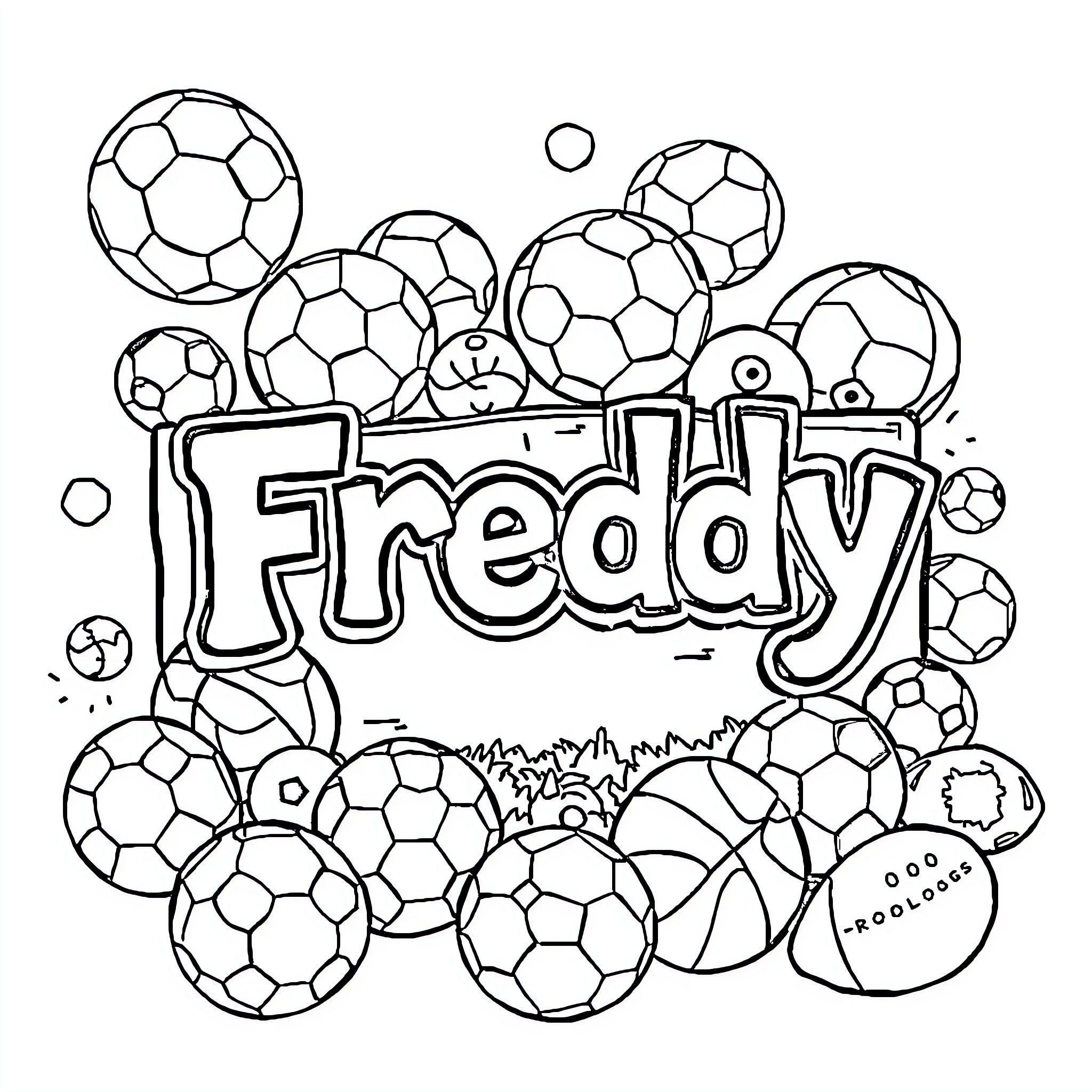 Freddy's Playful Soccer Ball Adventure Coloring Page (free black-and-white line drawing printable PDF for all, from beginners to advanced learners, including children, teens, adults, and seniors)