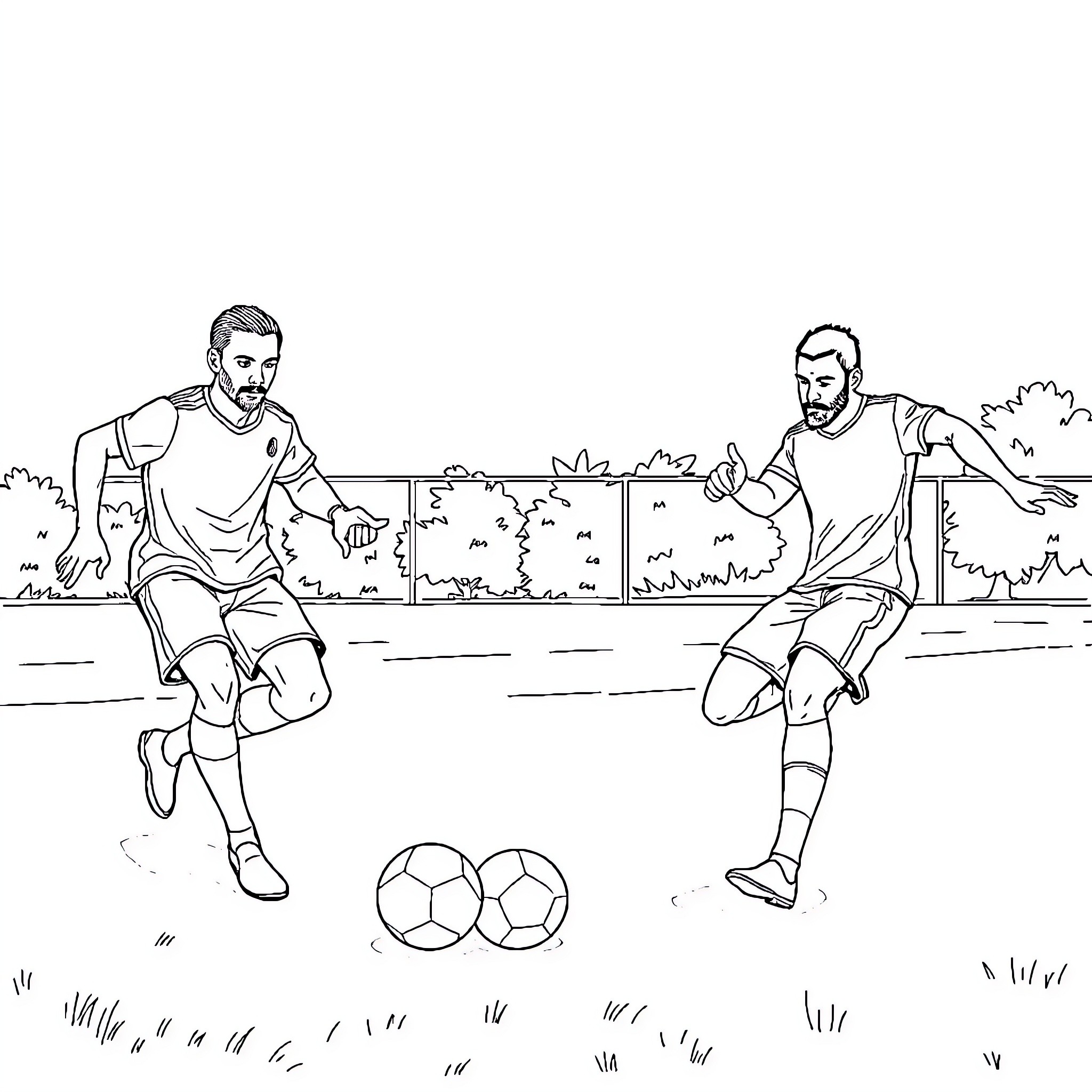 Dadju Soccer Players Competing on the Field Coloring Page (free black-and-white line drawing printable PDF for all, from beginners to advanced learners, including children, teens, adults, and seniors)
