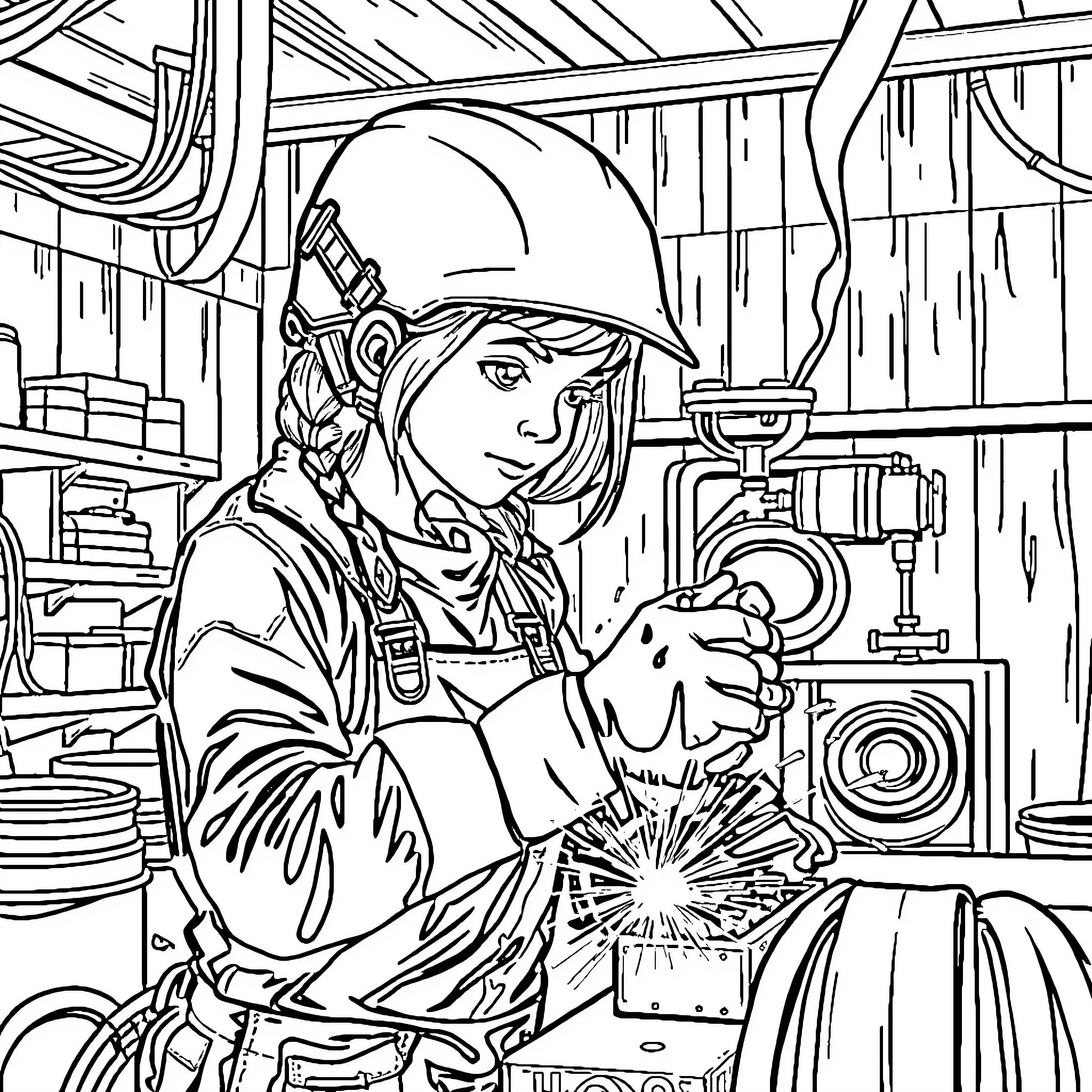 Welder working diligently in workshop Coloring Page (free black-and-white line drawing printable PDF for all, from beginners to advanced learners, including children, teens, adults, and seniors)