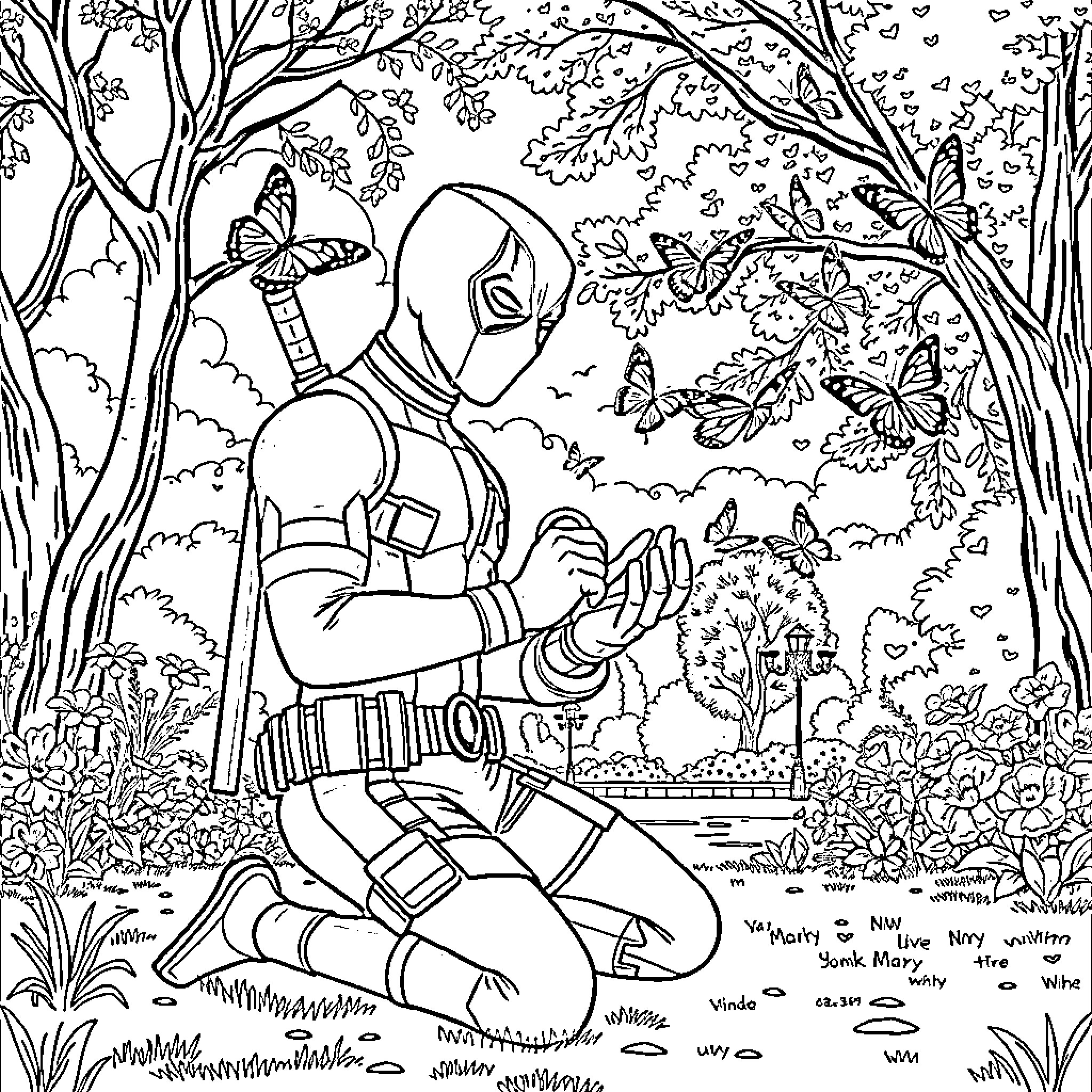 Deadpool's Serene Encounter in the Enchanted Forest Coloring Page (free black-and-white line drawing printable PDF for all, from beginners to advanced learners, including children, teens, adults, and seniors)