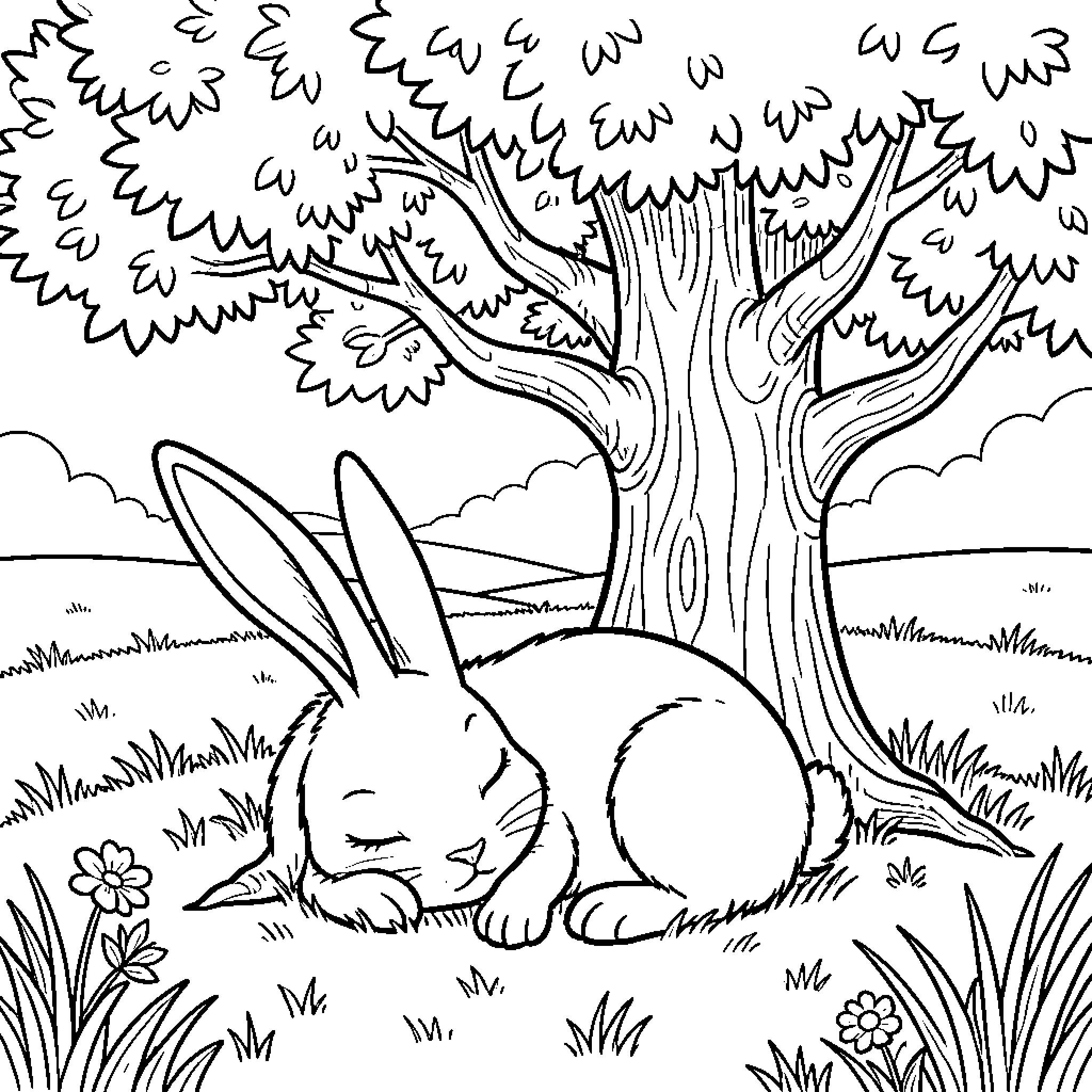 Rabbit resting peacefully under a tree Coloring Page (free black-and-white line drawing printable PDF for all, from beginners to advanced learners, including children, teens, adults, and seniors)