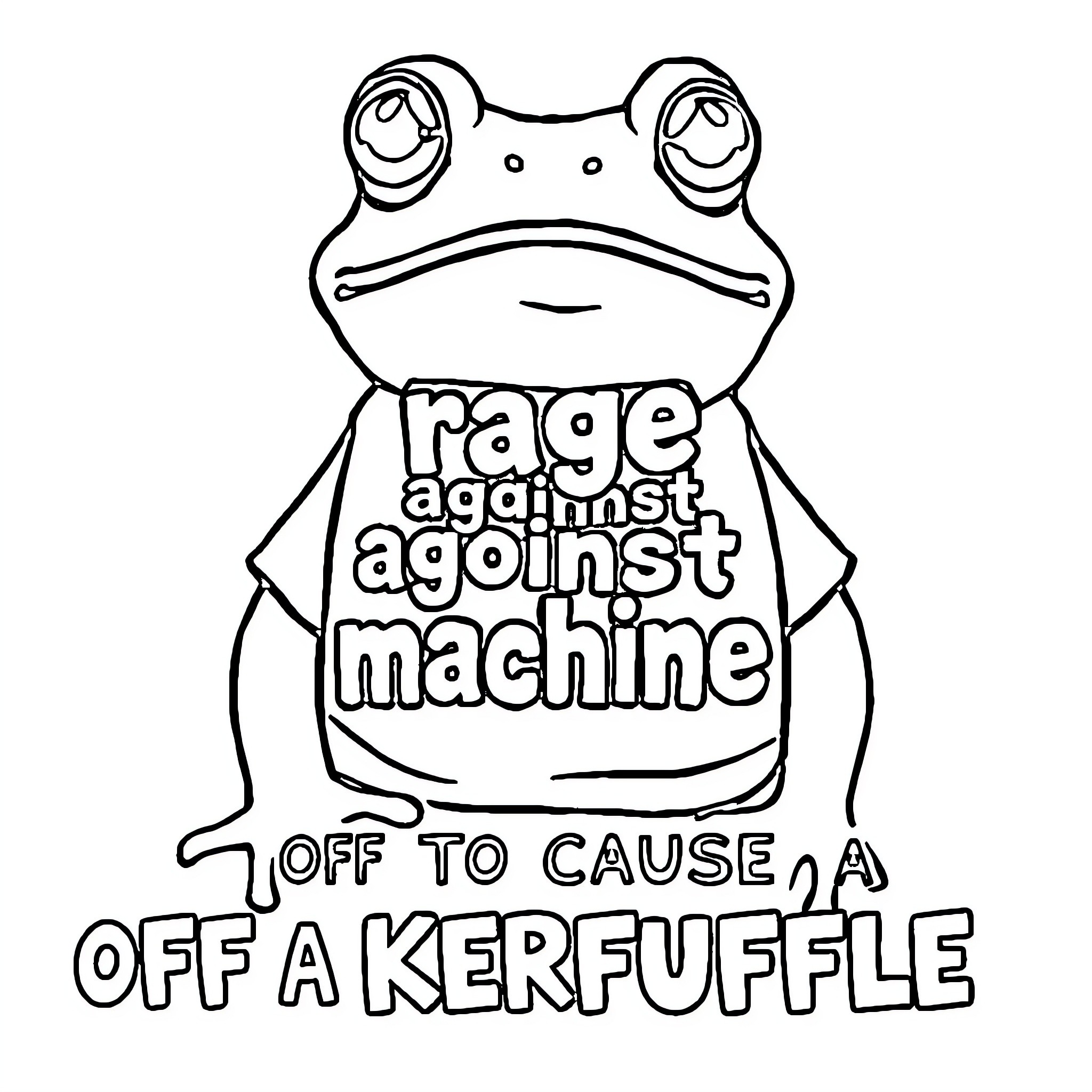 Frog expressing rage against machine with off-the-wall message Coloring Page (free black-and-white line drawing printable PDF for all, from beginners to advanced learners, including children, teens, adults, and seniors)