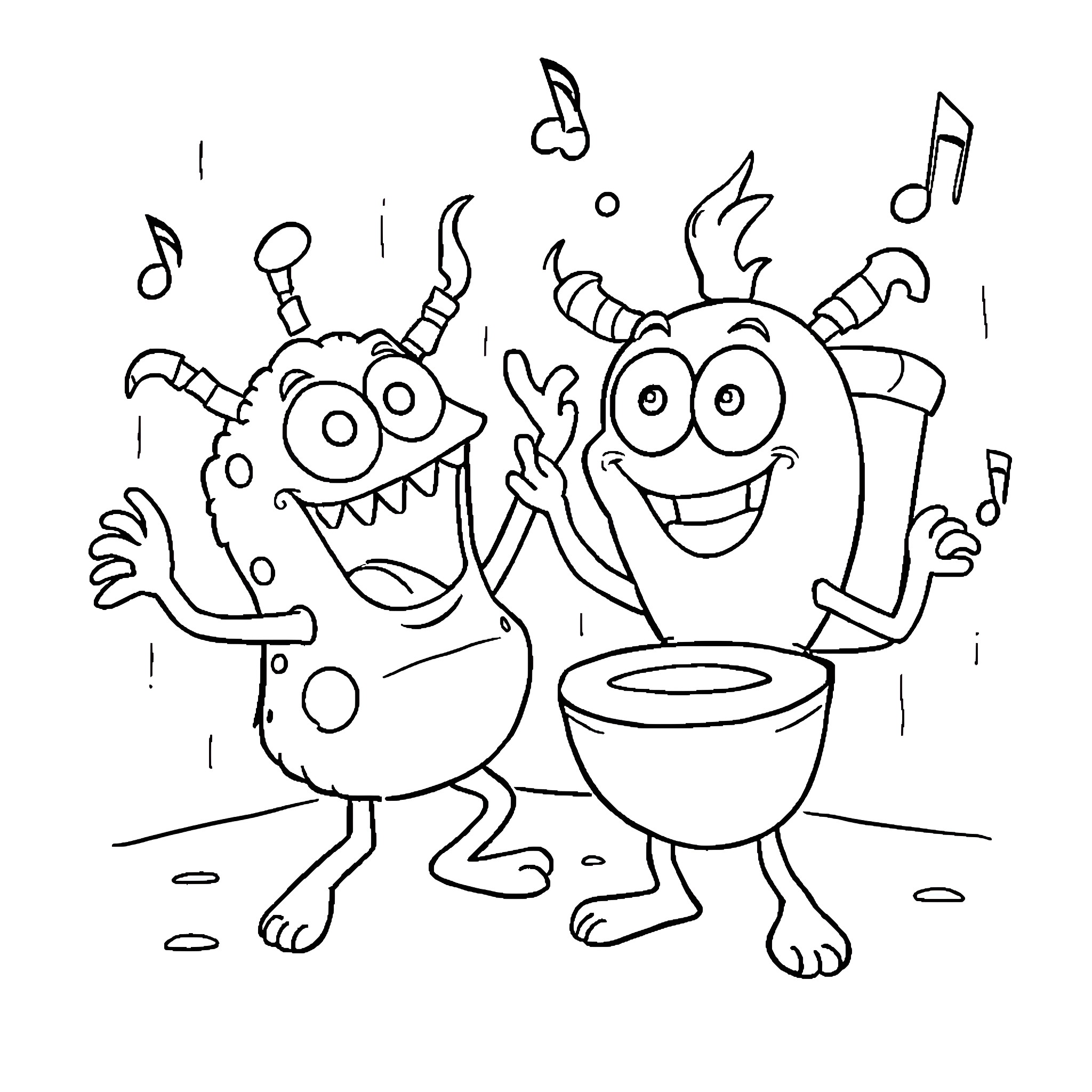 Skibidi Toilet Dancing Monsters Coloring Page (free black-and-white line drawing printable PDF for all, from beginners to advanced learners, including children, teens, adults, and seniors)