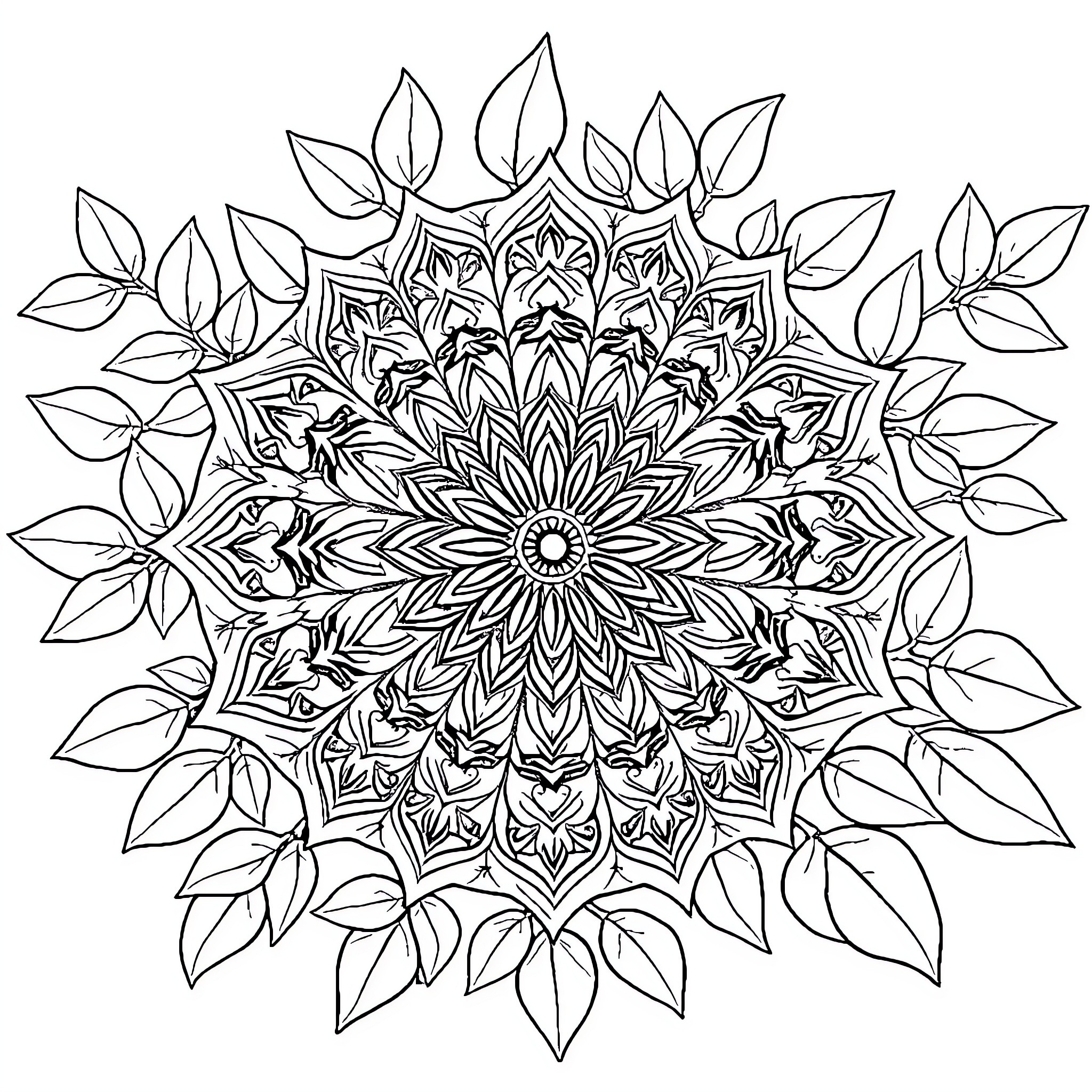 Mandala of intricate leaf-like patterns Coloring Page (free black-and-white line drawing printable PDF for all, from beginners to advanced learners, including children, teens, adults, and seniors)