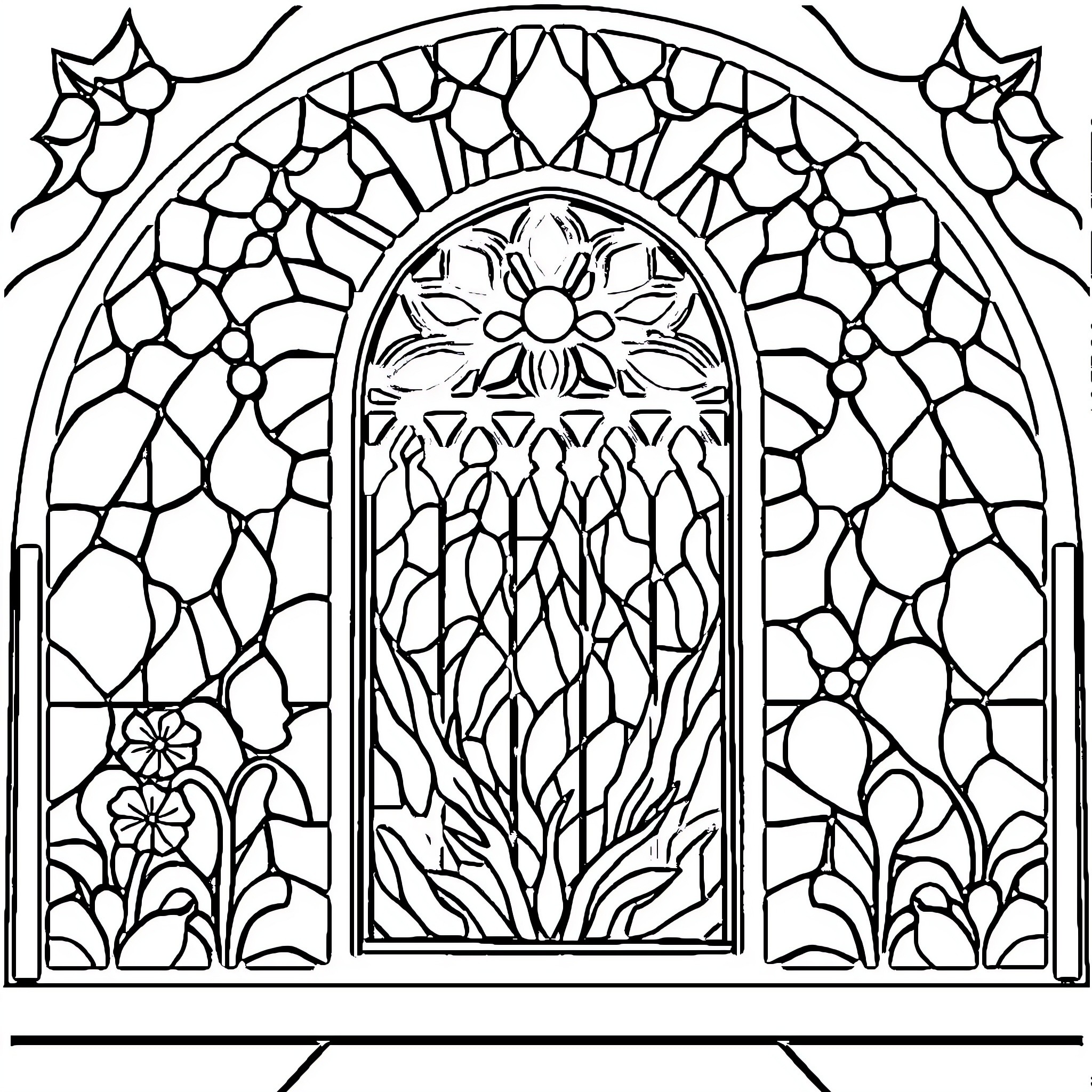 Stained Glass Floral Arch with Nature Motifs Coloring Page (free black-and-white line drawing printable PDF for all, from beginners to advanced learners, including children, teens, adults, and seniors)