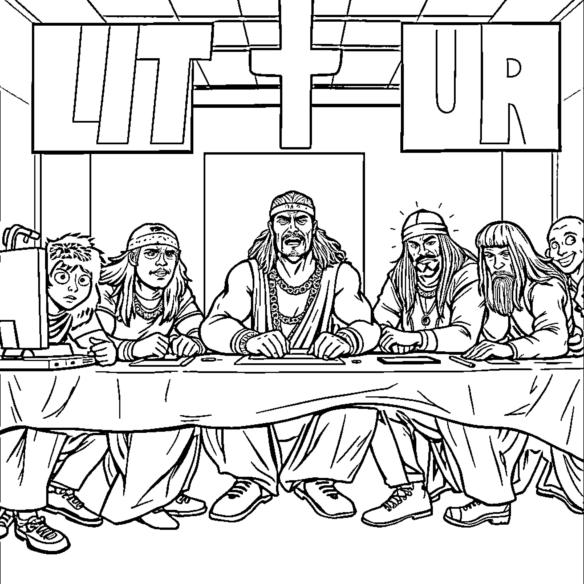 Nerds Gathered for a Meeting or Discussion Coloring Page (free black-and-white line drawing printable PDF for all, from beginners to advanced learners, including children, teens, adults, and seniors)
