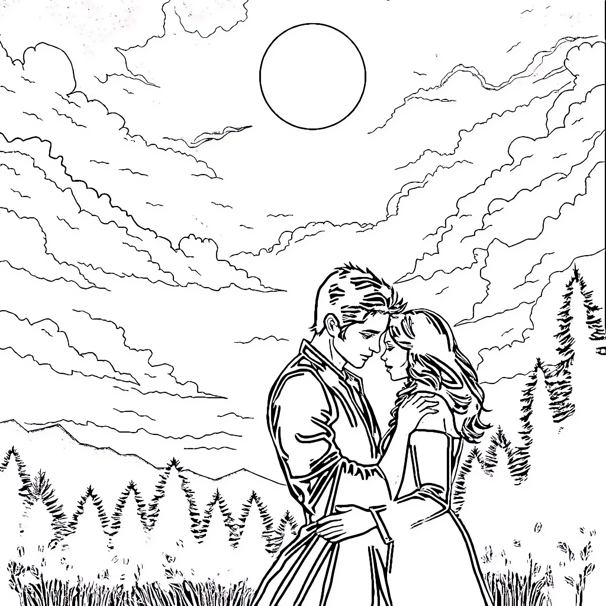 Twilight Embrace in the Woodland Sunset Coloring Page (free black-and-white line drawing printable PDF for all, from beginners to advanced learners, including children, teens, adults, and seniors)