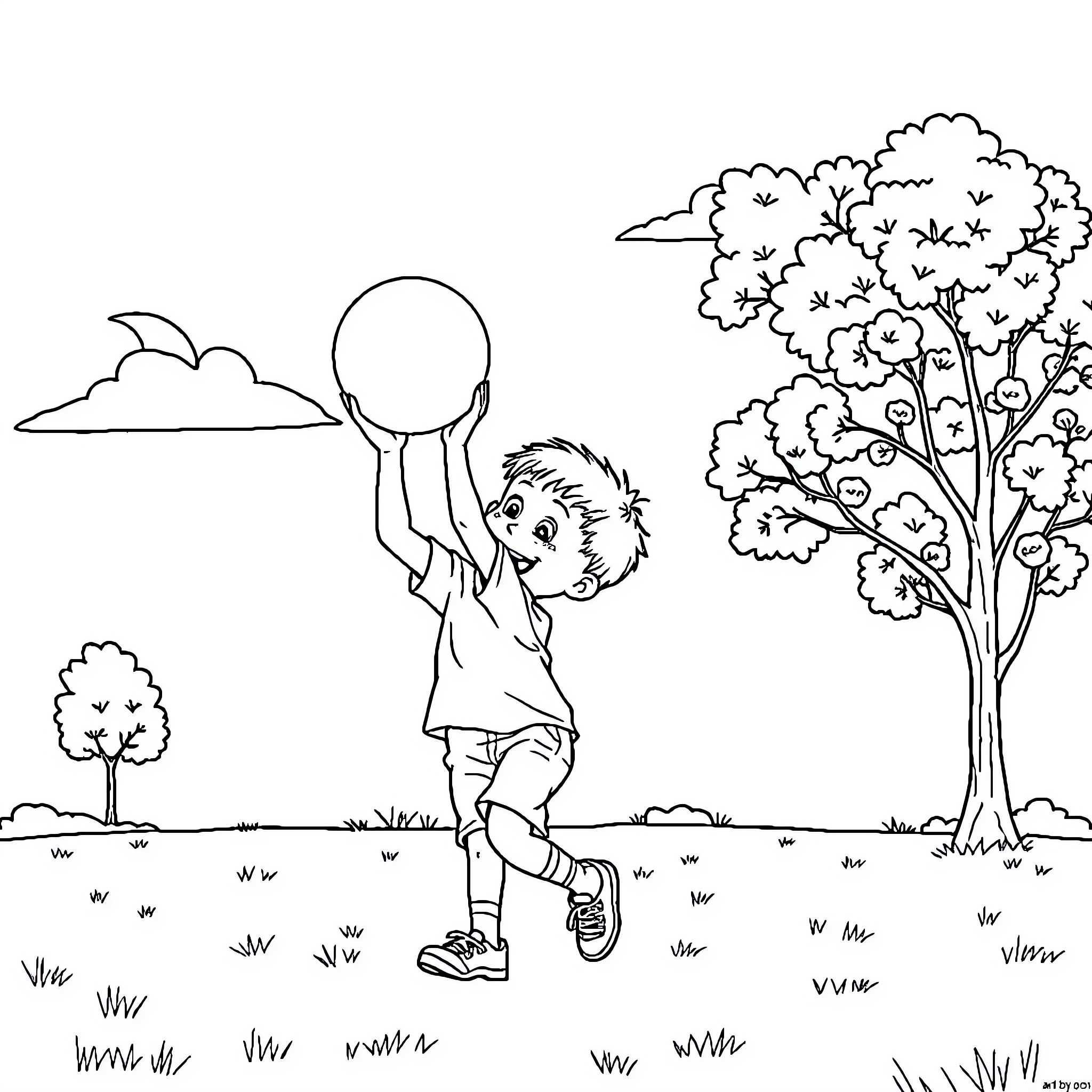Boy playing with ball in the park Coloring Page (free black-and-white line drawing printable PDF for all, from beginners to advanced learners, including children, teens, adults, and seniors)