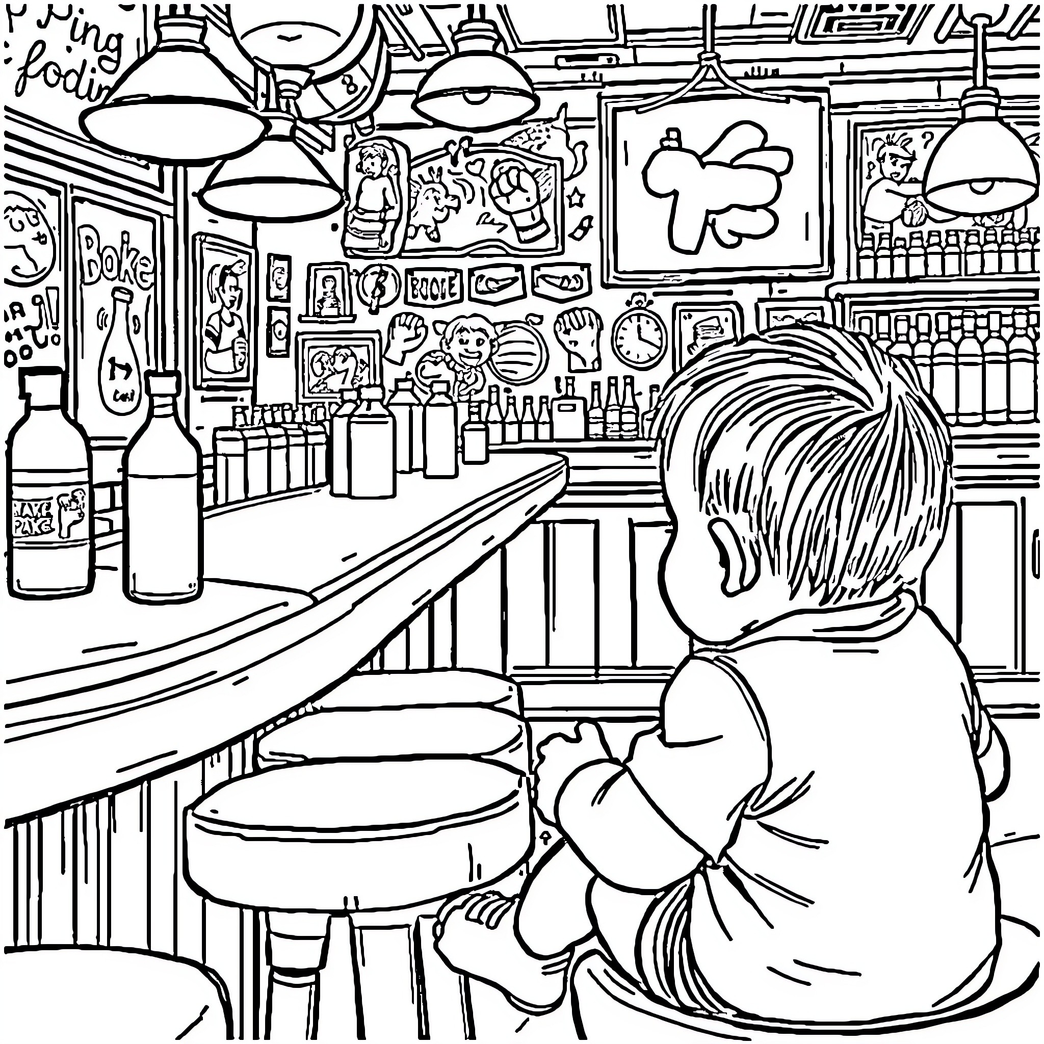 Baby exploring the colorful interior of a restaurant Coloring Page (free black-and-white line drawing printable PDF for all, from beginners to advanced learners, including children, teens, adults, and seniors)