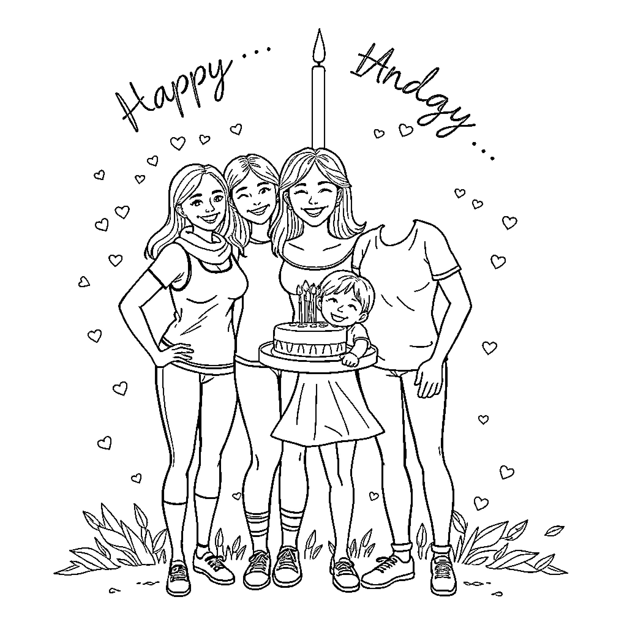 Fitness Coach Celebrates Birthday with Friends Coloring Page (free black-and-white line drawing printable PDF for all, from beginners to advanced learners, including children, teens, adults, and seniors)