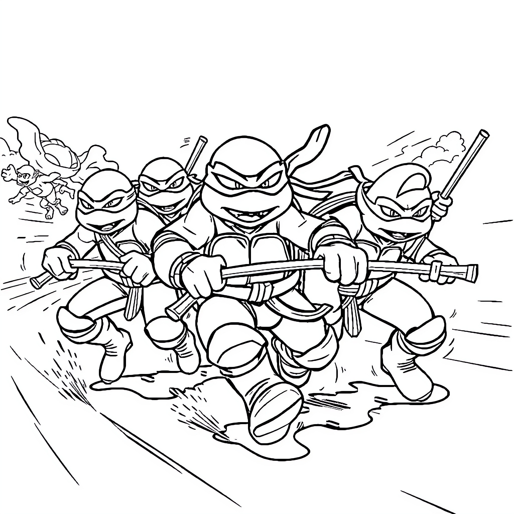 Ninja Turtles on an action-packed adventure Coloring Page (free black-and-white line drawing printable PDF for all, from beginners to advanced learners, including children, teens, adults, and seniors)