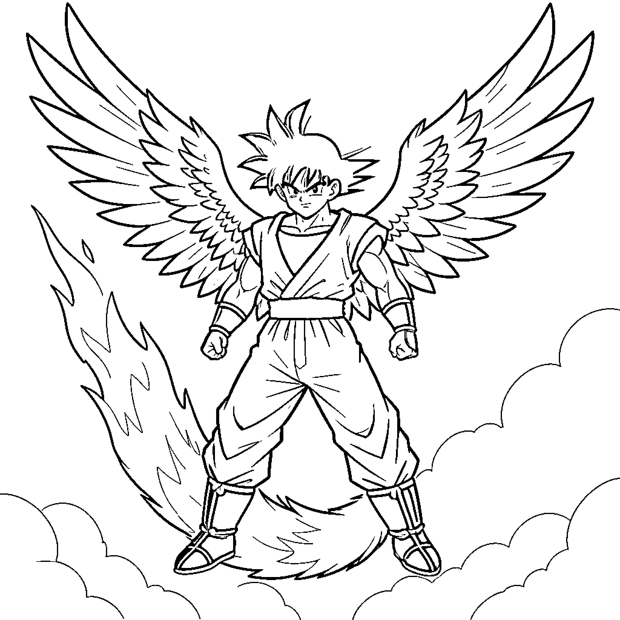 Son Goku in heroic angel-like pose with wings Coloring Page (free black-and-white line drawing printable PDF for all, from beginners to advanced learners, including children, teens, adults, and seniors)