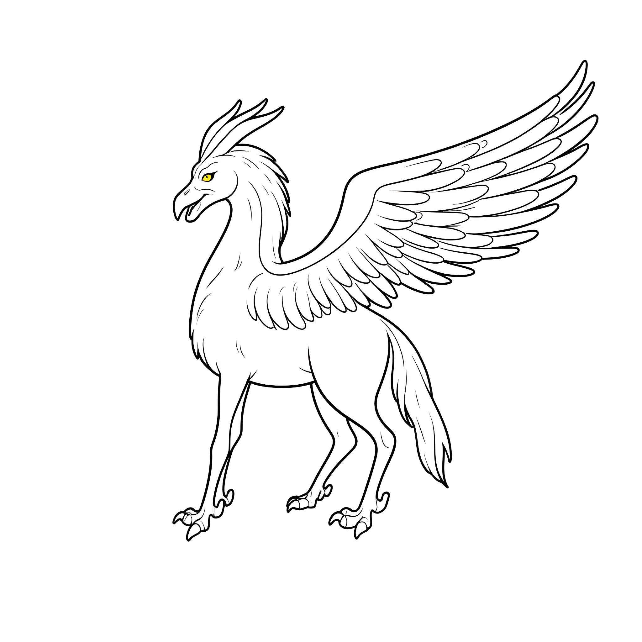 Griffin with outstretched wings taking flight Coloring Page (free black-and-white line drawing printable PDF for all, from beginners to advanced learners, including children, teens, adults, and seniors)