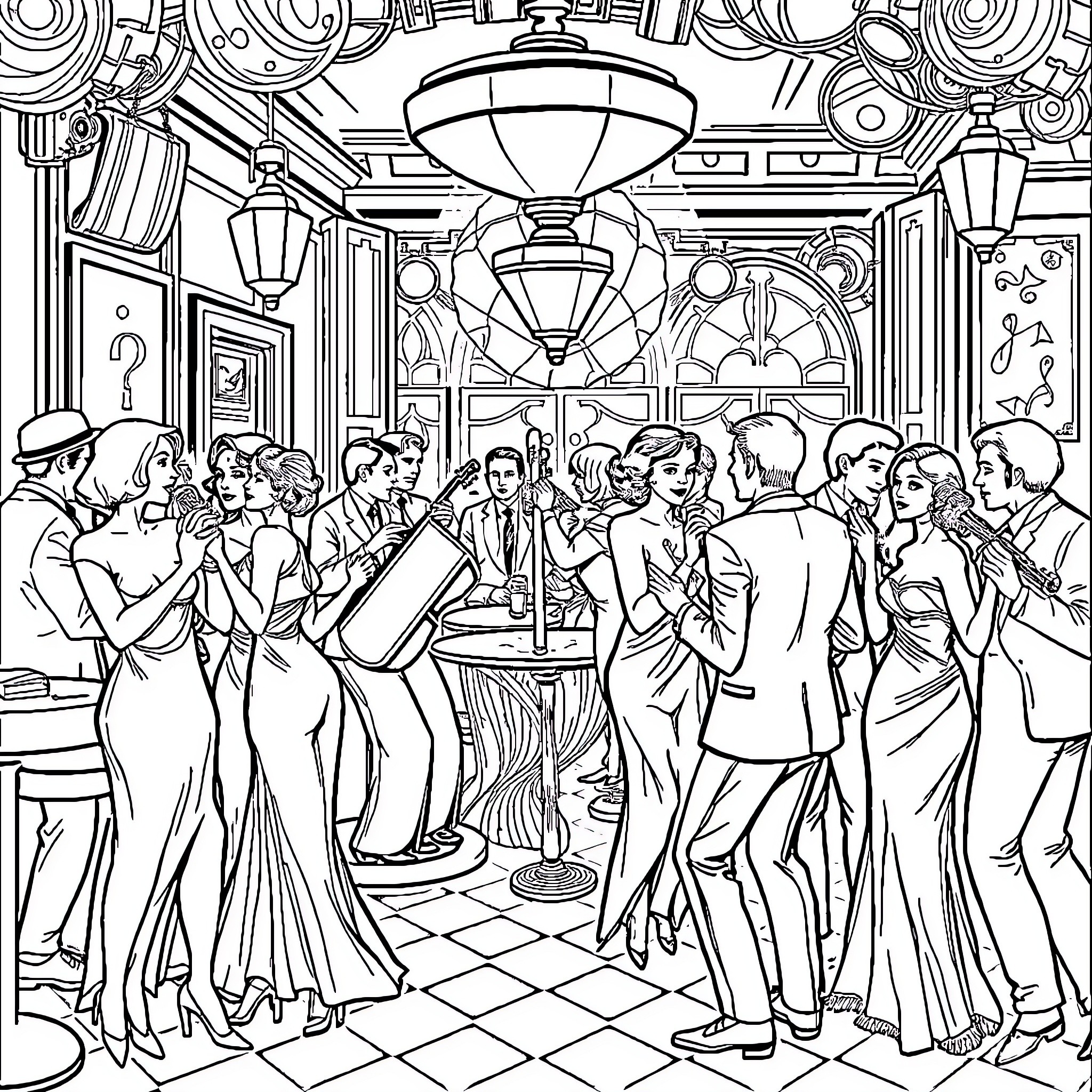 Speakeasy Gathering of Well-Dressed Revelers Coloring Page (free black-and-white line drawing printable PDF for all, from beginners to advanced learners, including children, teens, adults, and seniors)
