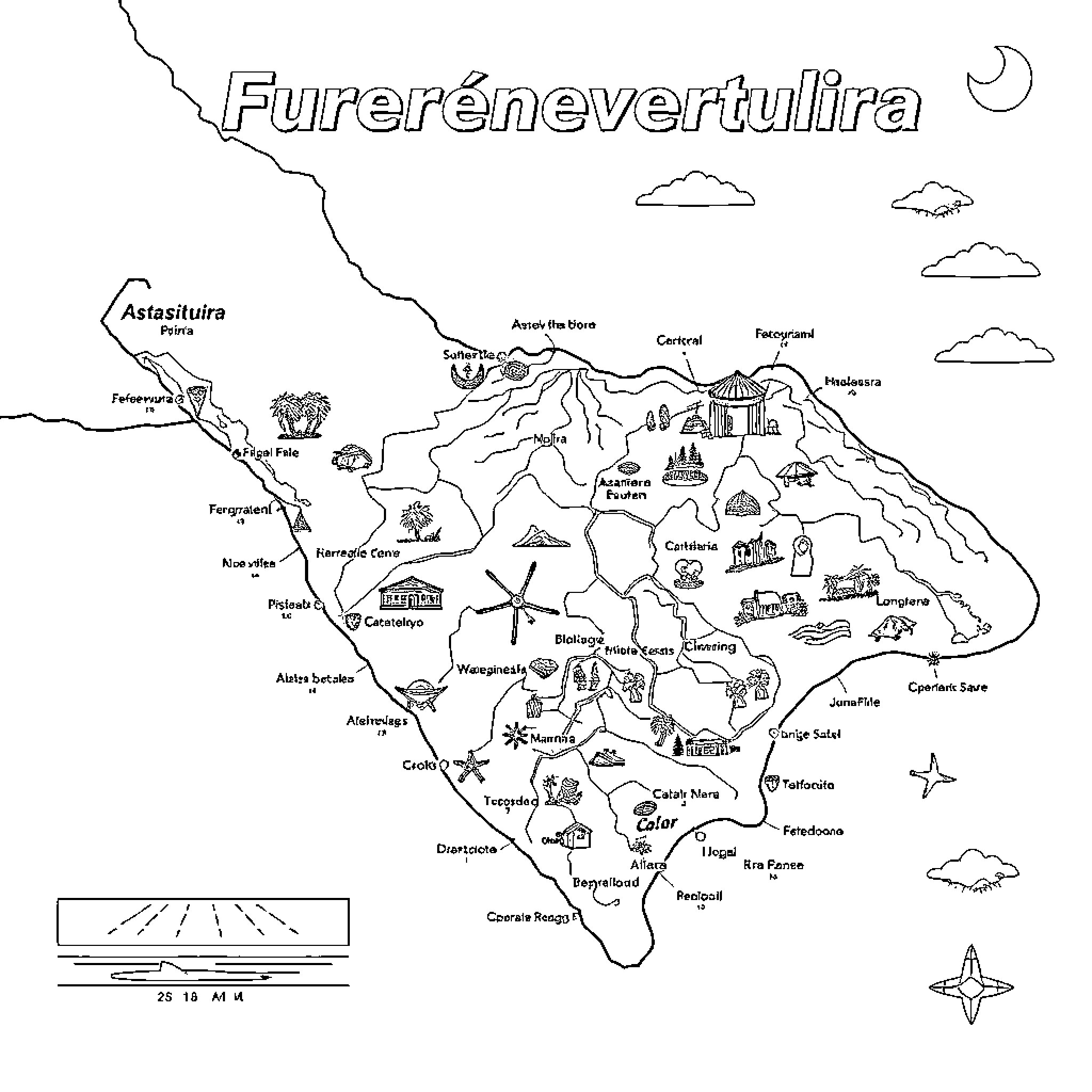 Fuerteventura Island Map with Landmarks and Features Coloring Page (free black-and-white line drawing printable PDF for all, from beginners to advanced learners, including children, teens, adults, and seniors)