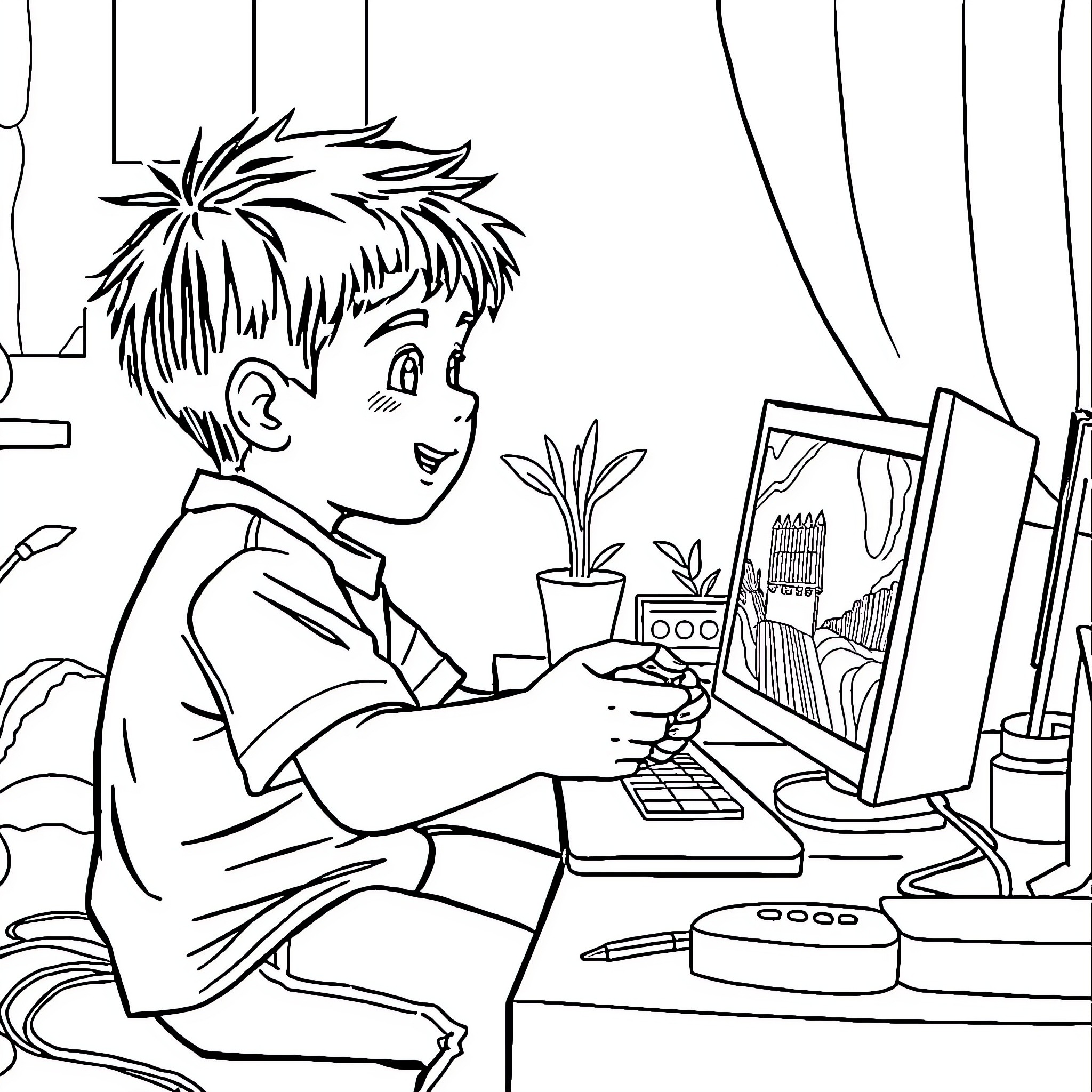 Pumuda Boy Working Diligently on Computer Coloring Page (free black-and-white line drawing printable PDF for all, from beginners to advanced learners, including children, teens, adults, and seniors)