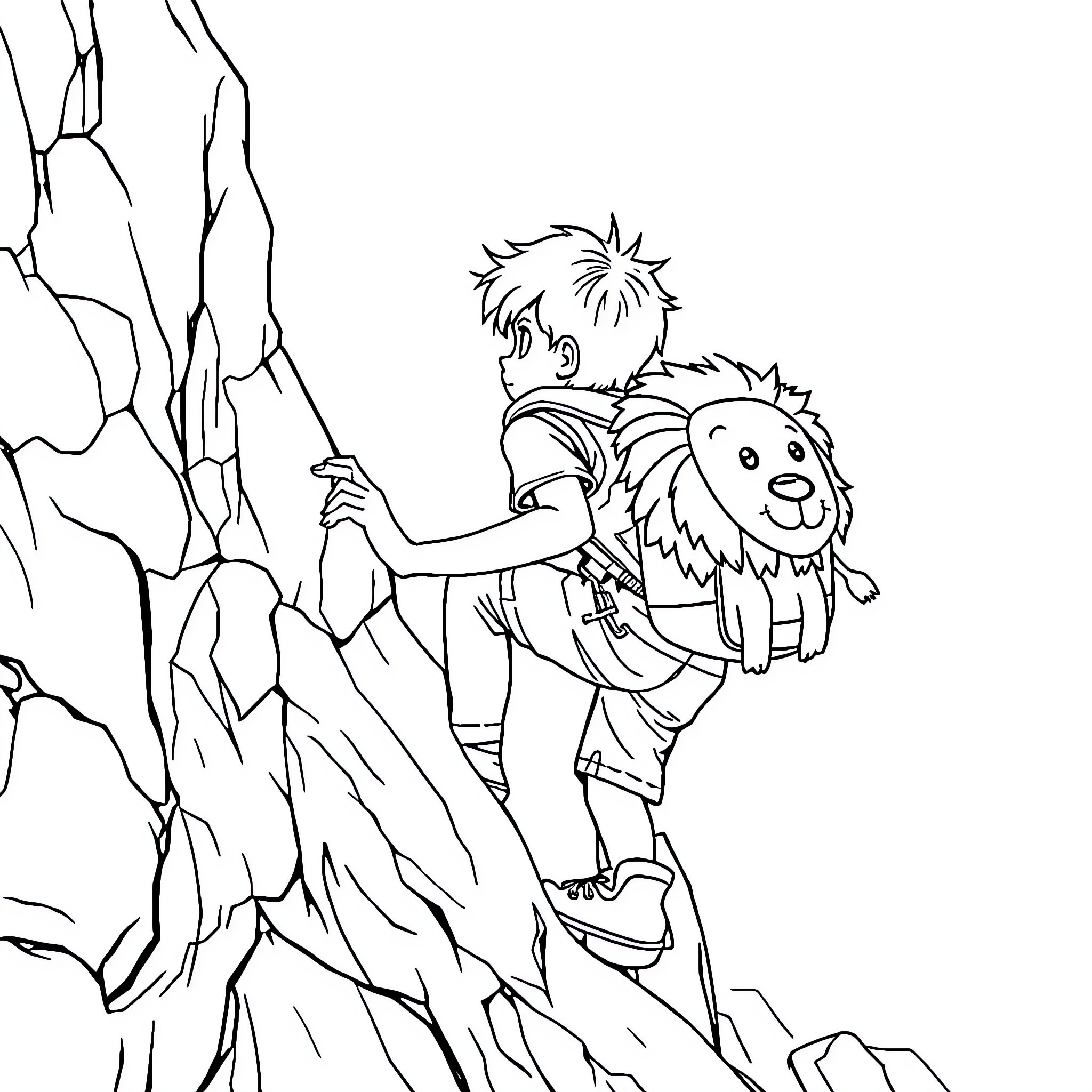 Boy exploring nature with his pet dog Coloring Page (free black-and-white line drawing printable PDF for all, from beginners to advanced learners, including children, teens, adults, and seniors)