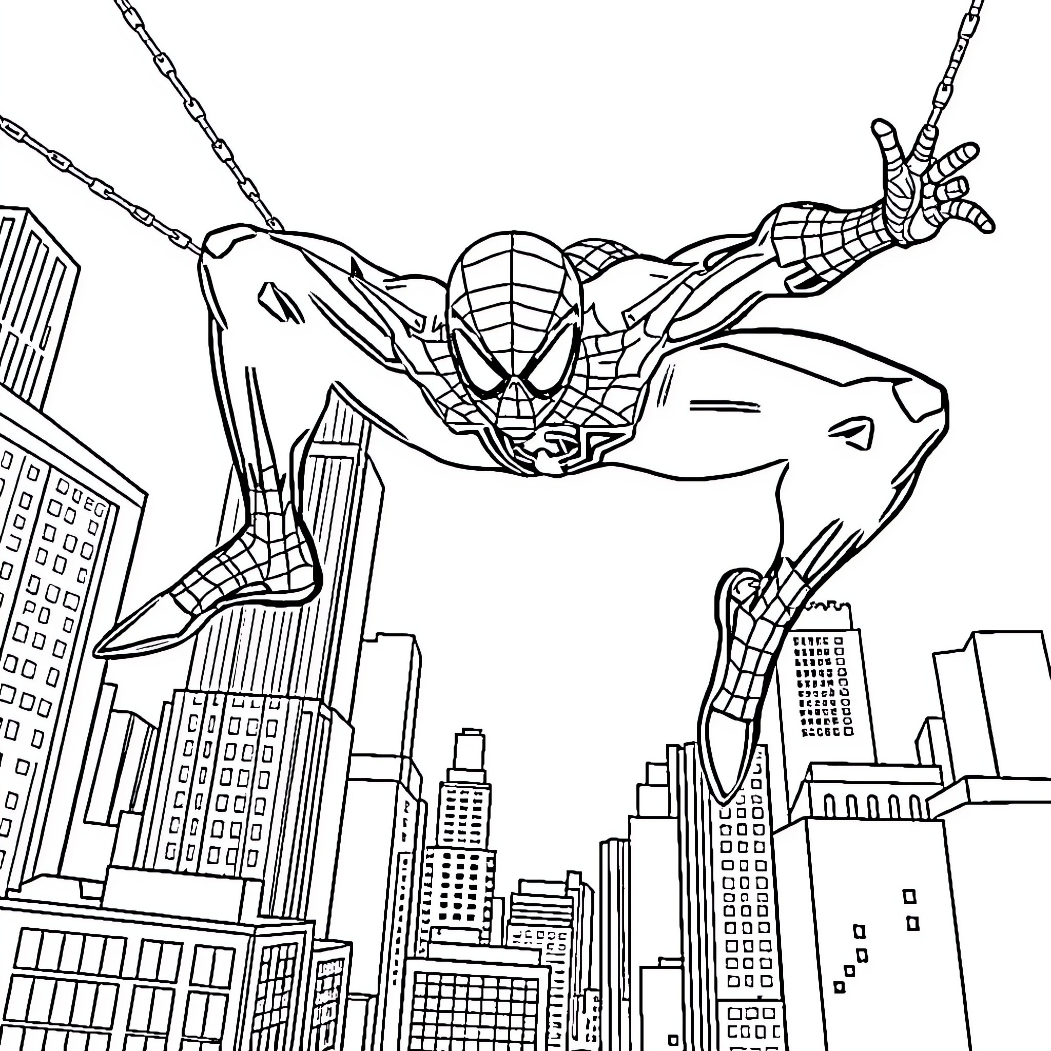 Spiderman swinging through the city skyline Coloring Page (free black-and-white line drawing printable PDF for all, from beginners to advanced learners, including children, teens, adults, and seniors)