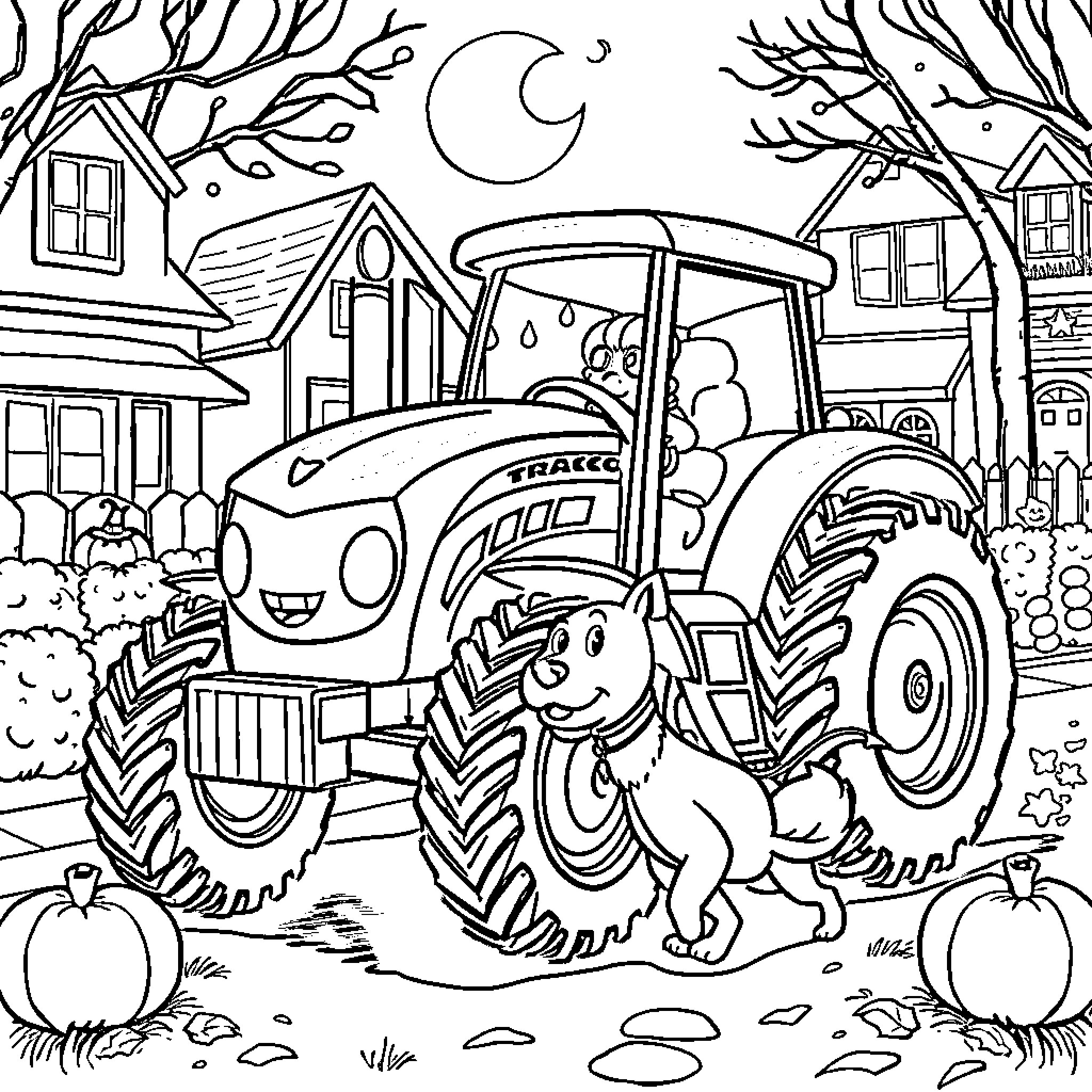 Tractor driving through a rural town at night Coloring Page (free black-and-white line drawing printable PDF for all, from beginners to advanced learners, including children, teens, adults, and seniors)
