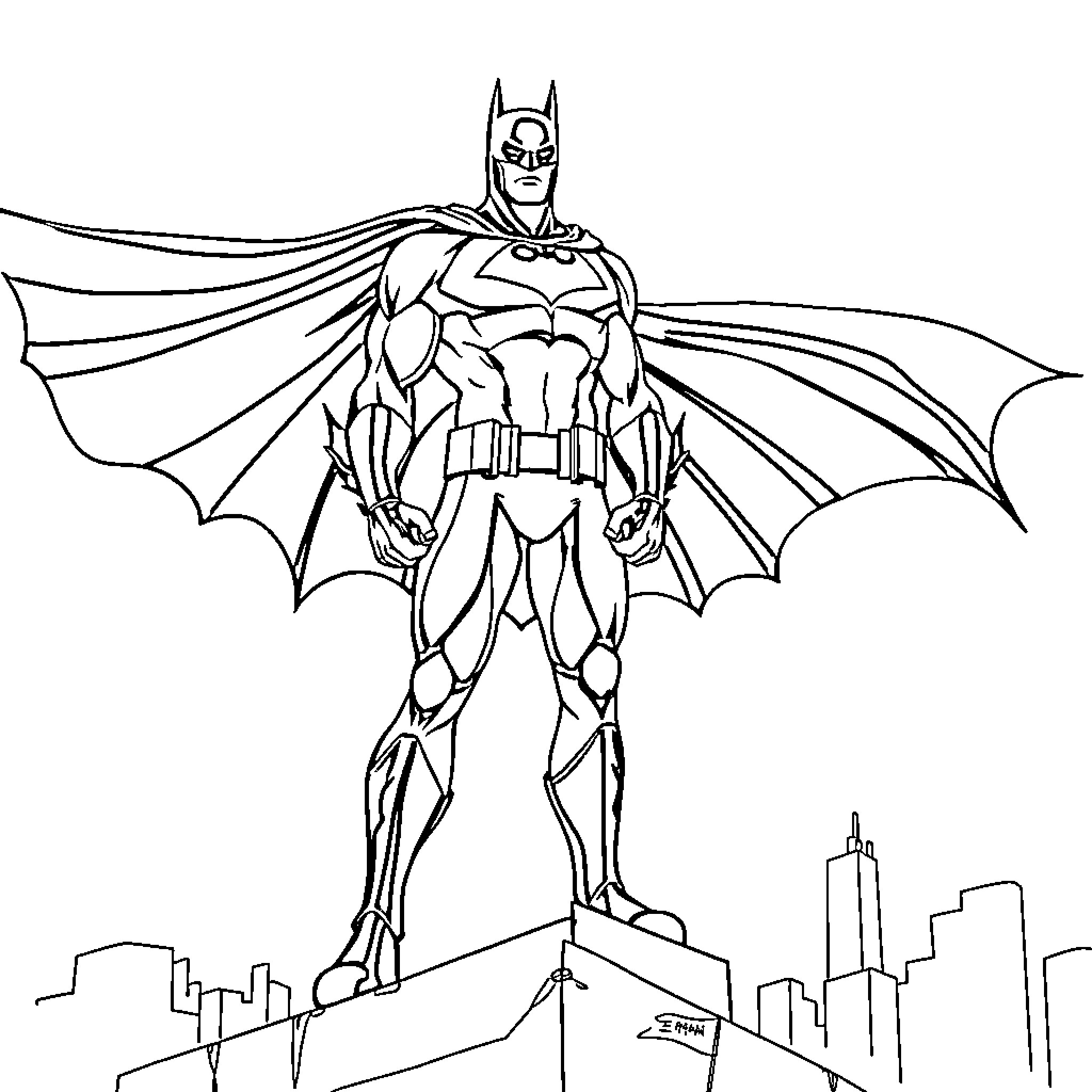 Batman standing heroically on a city skyline Coloring Page (free black-and-white line drawing printable PDF for all, from beginners to advanced learners, including children, teens, adults, and seniors)