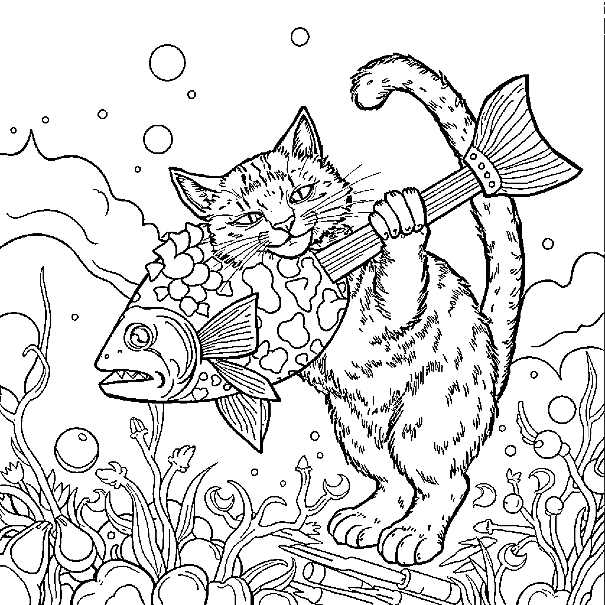 Phish playing with colorful marine creatures Coloring Page (free black-and-white line drawing printable PDF for all, from beginners to advanced learners, including children, teens, adults, and seniors)