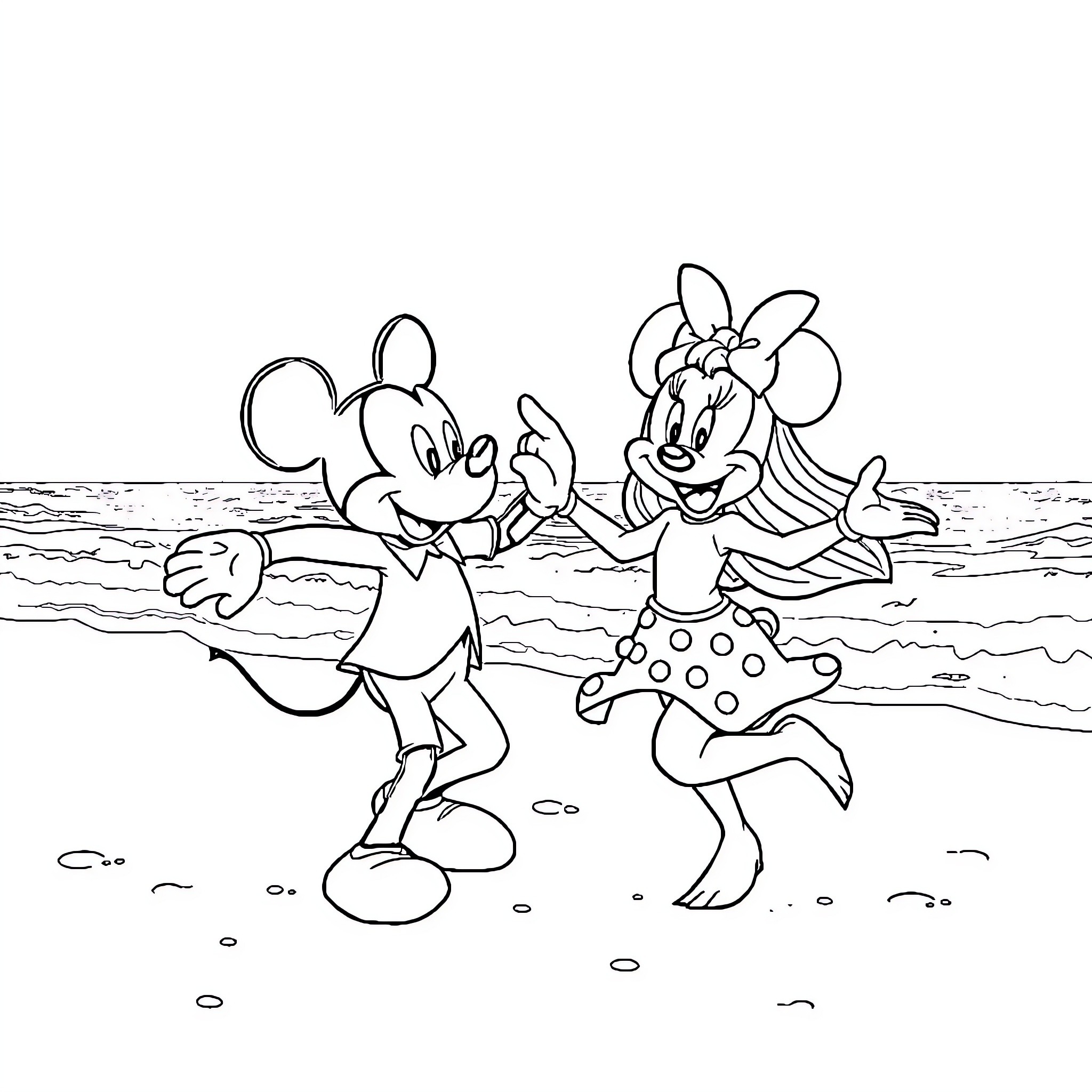 Disney Characters Playing on the Beach Coloring Page (free black-and-white line drawing printable PDF for all, from beginners to advanced learners, including children, teens, adults, and seniors)
