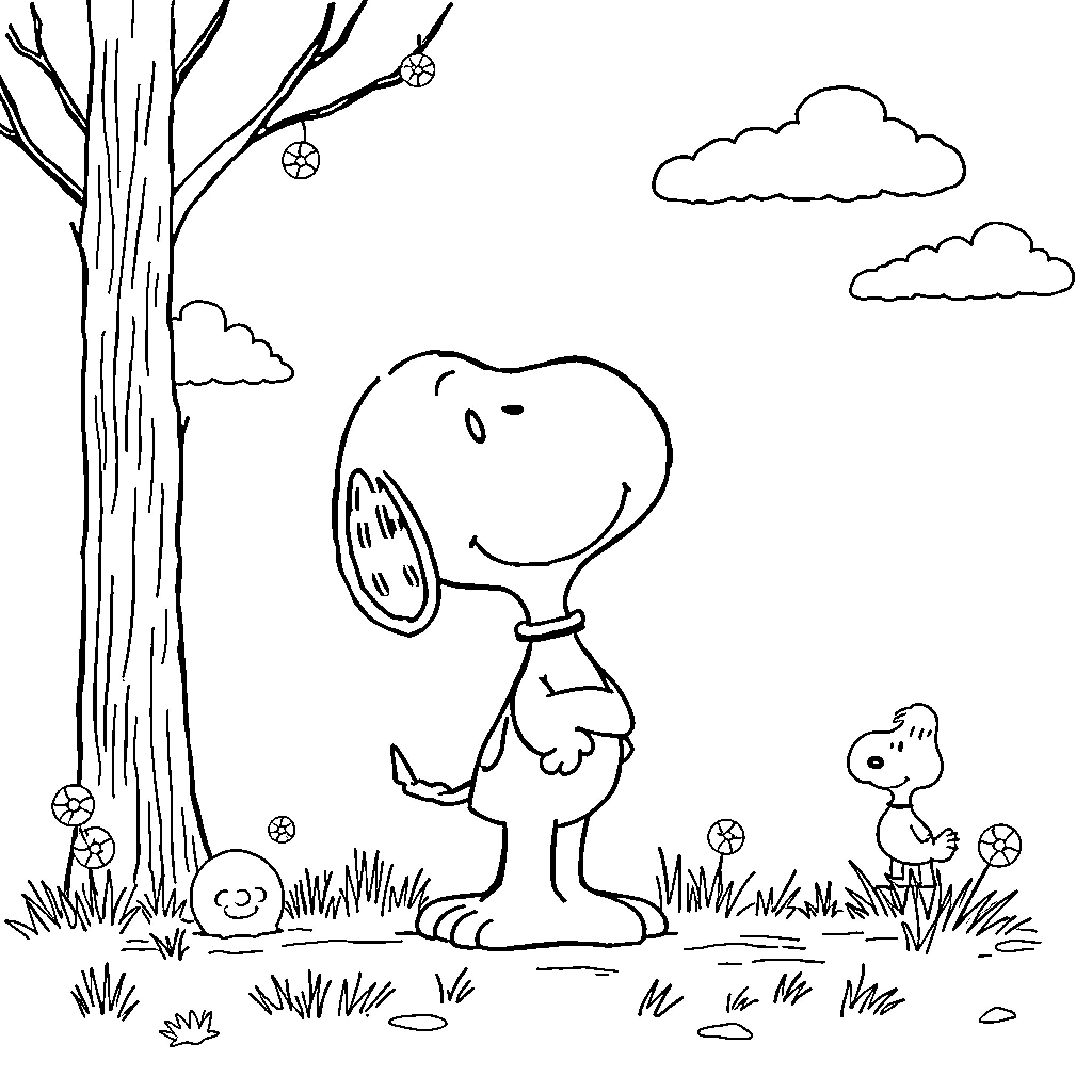 Snoopy and Woodstock's Outdoor Adventure Coloring Page (free black-and-white line drawing printable PDF for all, from beginners to advanced learners, including children, teens, adults, and seniors)