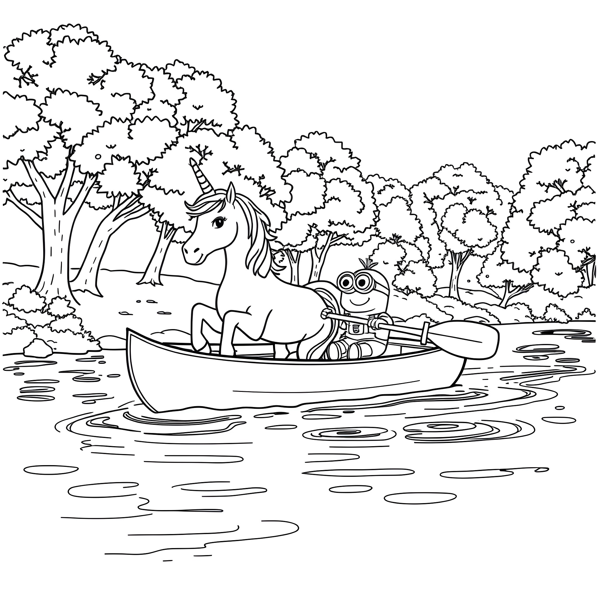 Unicorn and Friends Enjoying a Boat Ride Coloring Page (free black-and-white line drawing printable PDF for all, from beginners to advanced learners, including children, teens, adults, and seniors)
