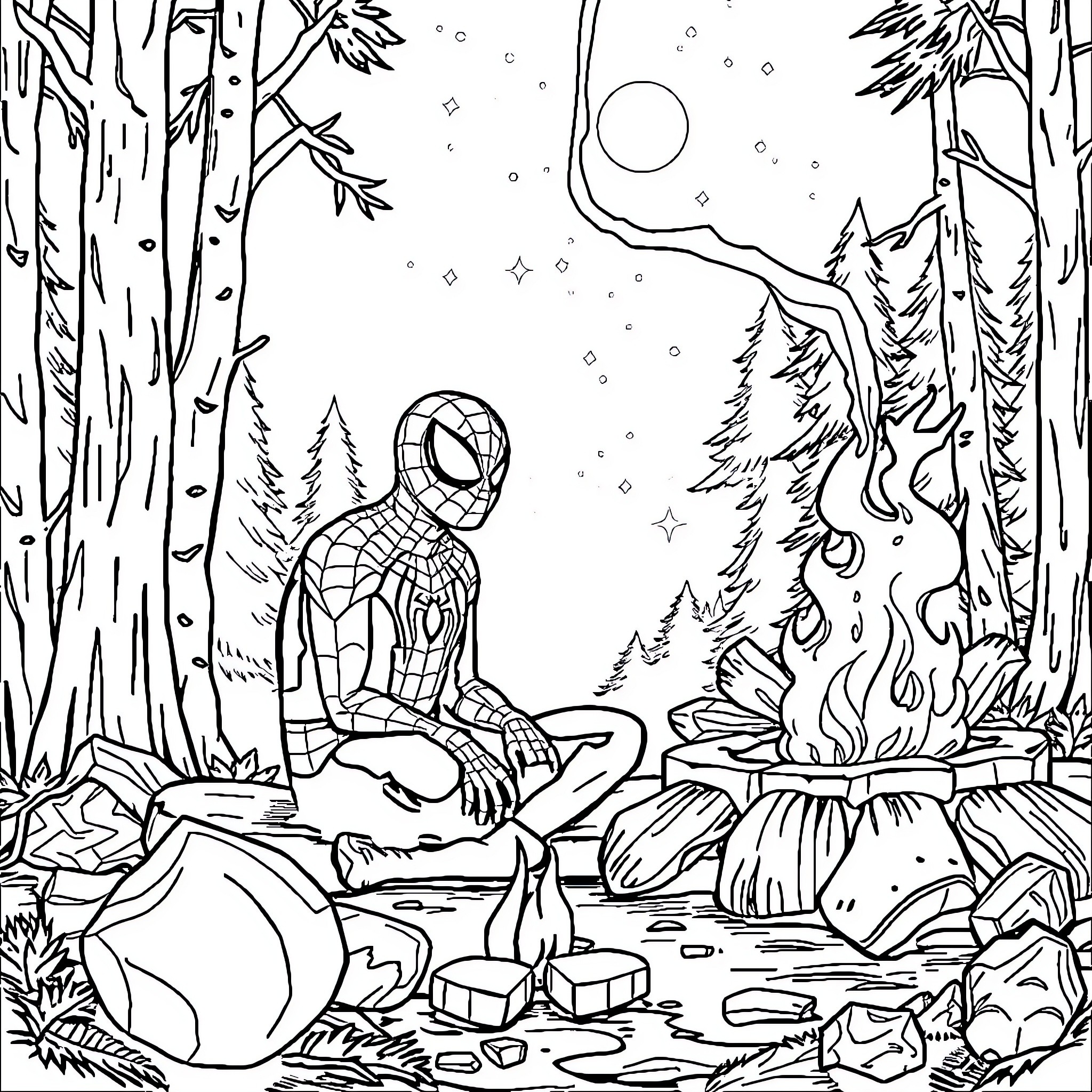 Spiderman enjoying a peaceful moment in the forest Coloring Page (free black-and-white line drawing printable PDF for all, from beginners to advanced learners, including children, teens, adults, and seniors)