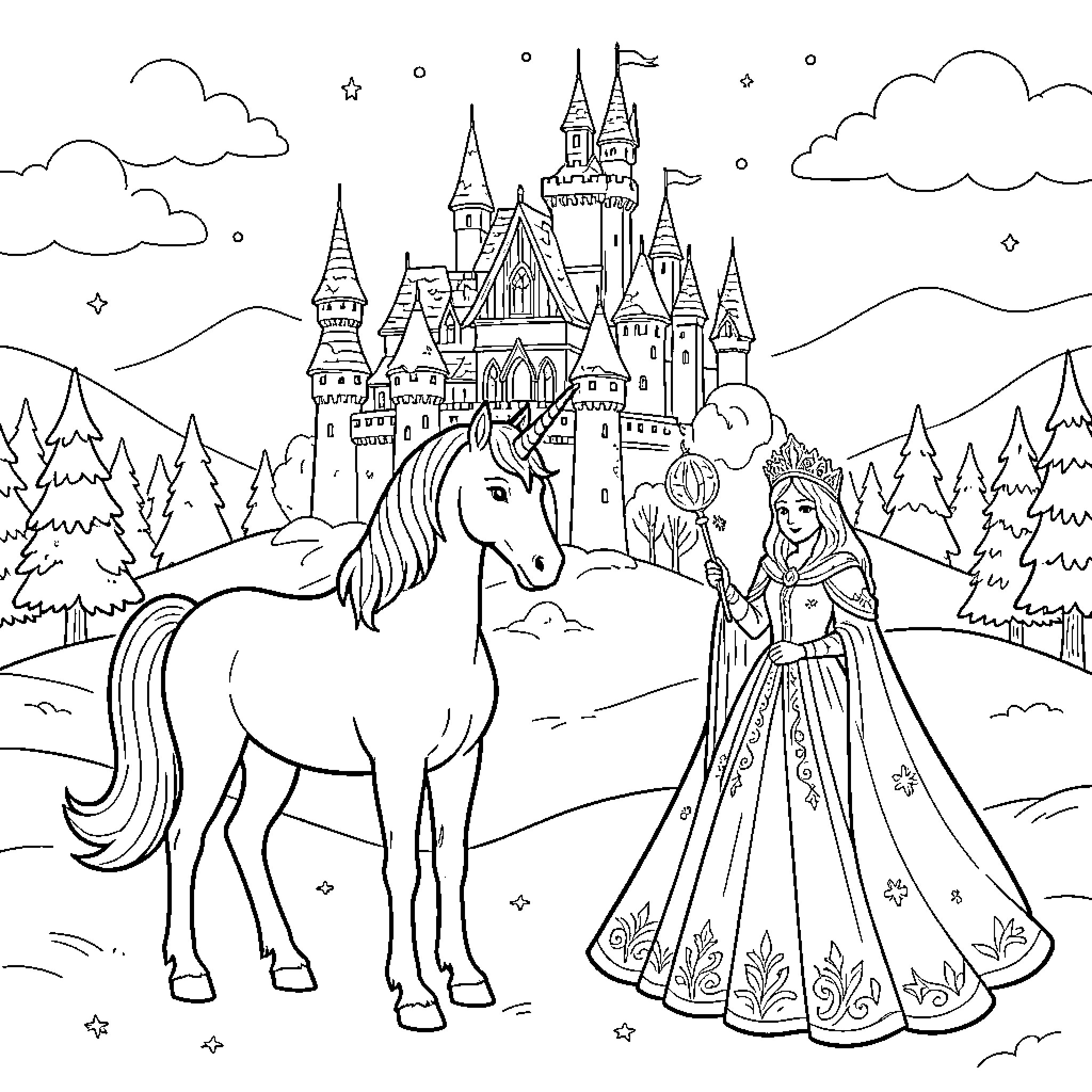 Unicorn standing beside a princess in a magical kingdom Coloring Page (free black-and-white line drawing printable PDF for all, from beginners to advanced learners, including children, teens, adults, and seniors)