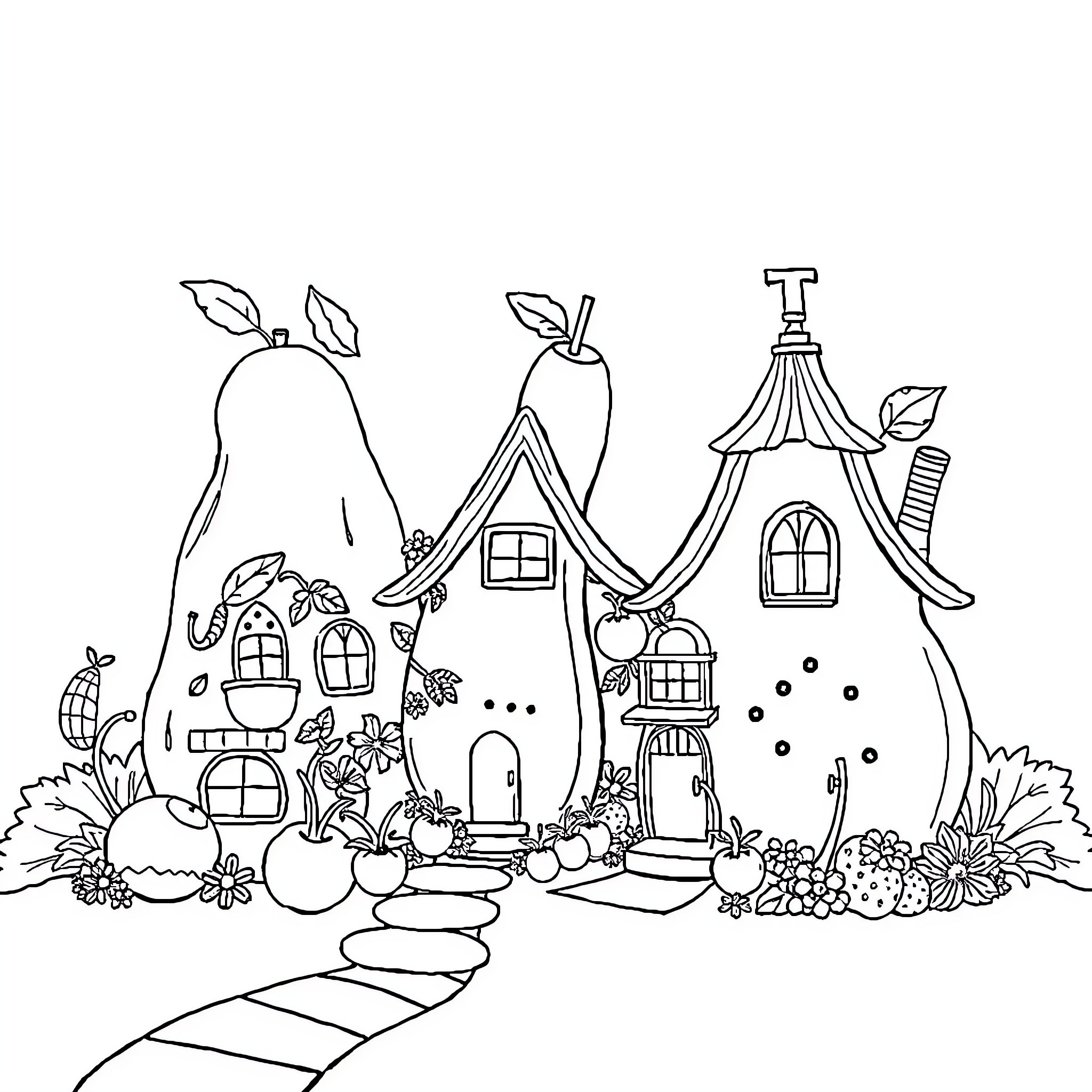 Fruit House with Whimsical Architectural Designs Coloring Page (free black-and-white line drawing printable PDF for all, from beginners to advanced learners, including children, teens, adults, and seniors)