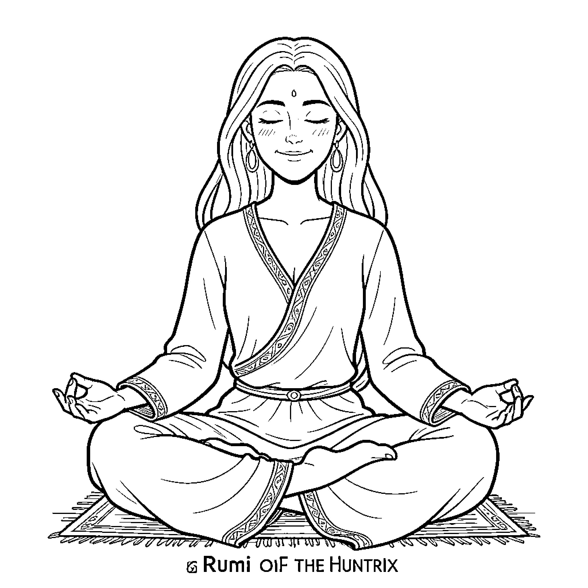 Rumi in Meditative Pose on Ornate Rug Coloring Page (free black-and-white line drawing printable PDF for all, from beginners to advanced learners, including children, teens, adults, and seniors)