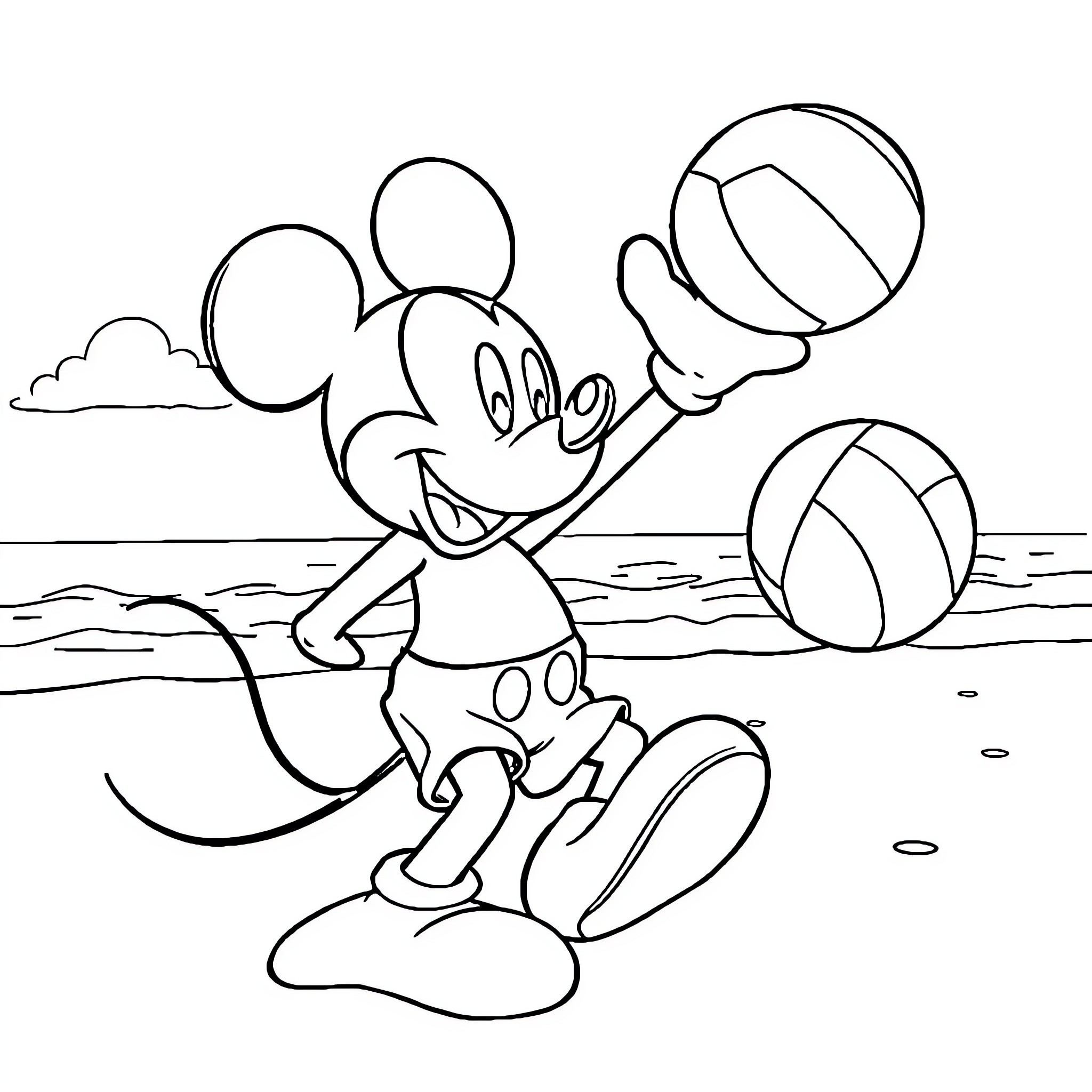Mickey Mouse playing with beach balls at the shore Coloring Page (free black-and-white line drawing printable PDF for all, from beginners to advanced learners, including children, teens, adults, and seniors)