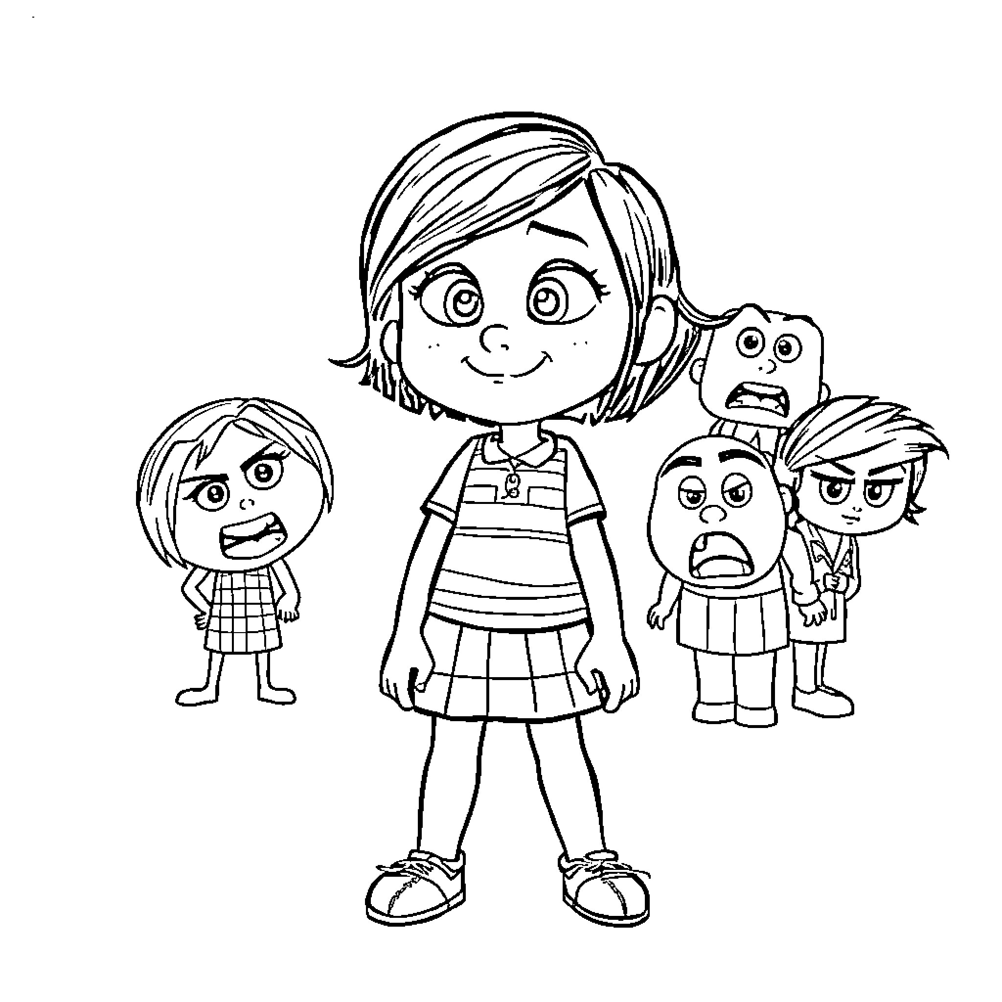 Emotion of a girl surrounded by her animated friends Coloring Page (free black-and-white line drawing printable PDF for all, from beginners to advanced learners, including children, teens, adults, and seniors)