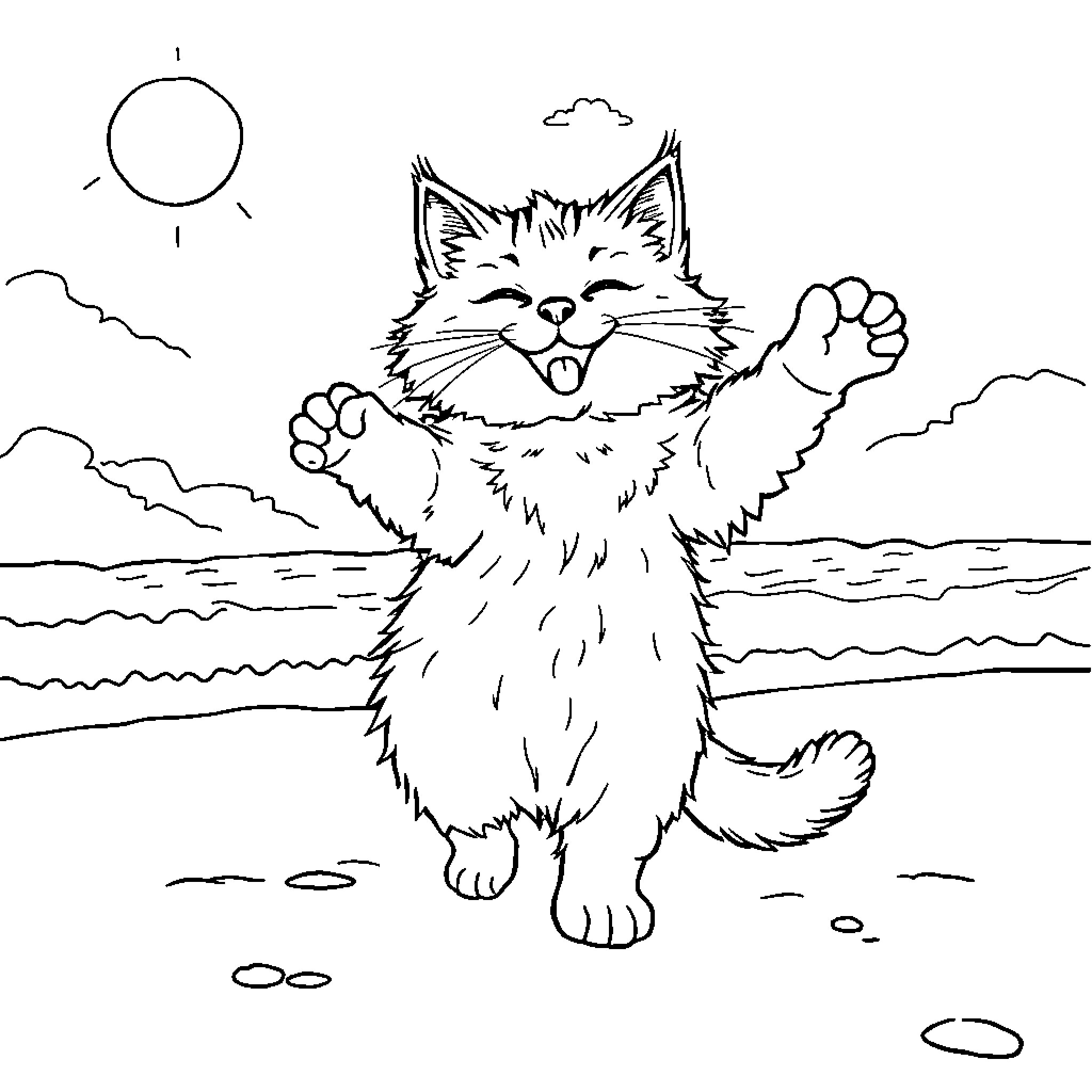 Cat enjoying the sunny day at the beach Coloring Page (free black-and-white line drawing printable PDF for all, from beginners to advanced learners, including children, teens, adults, and seniors)