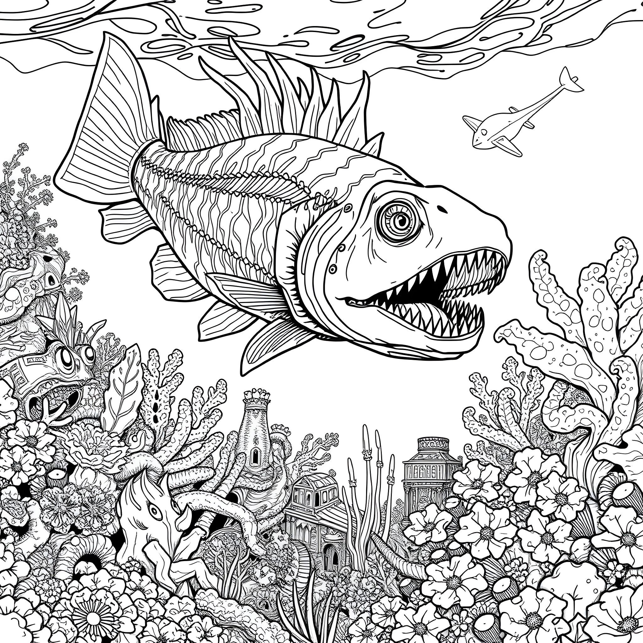 Fish with Fierce Expression Swimming in Underwater Scenery Coloring Page (free black-and-white line drawing printable PDF for all, from beginners to advanced learners, including children, teens, adults, and seniors)