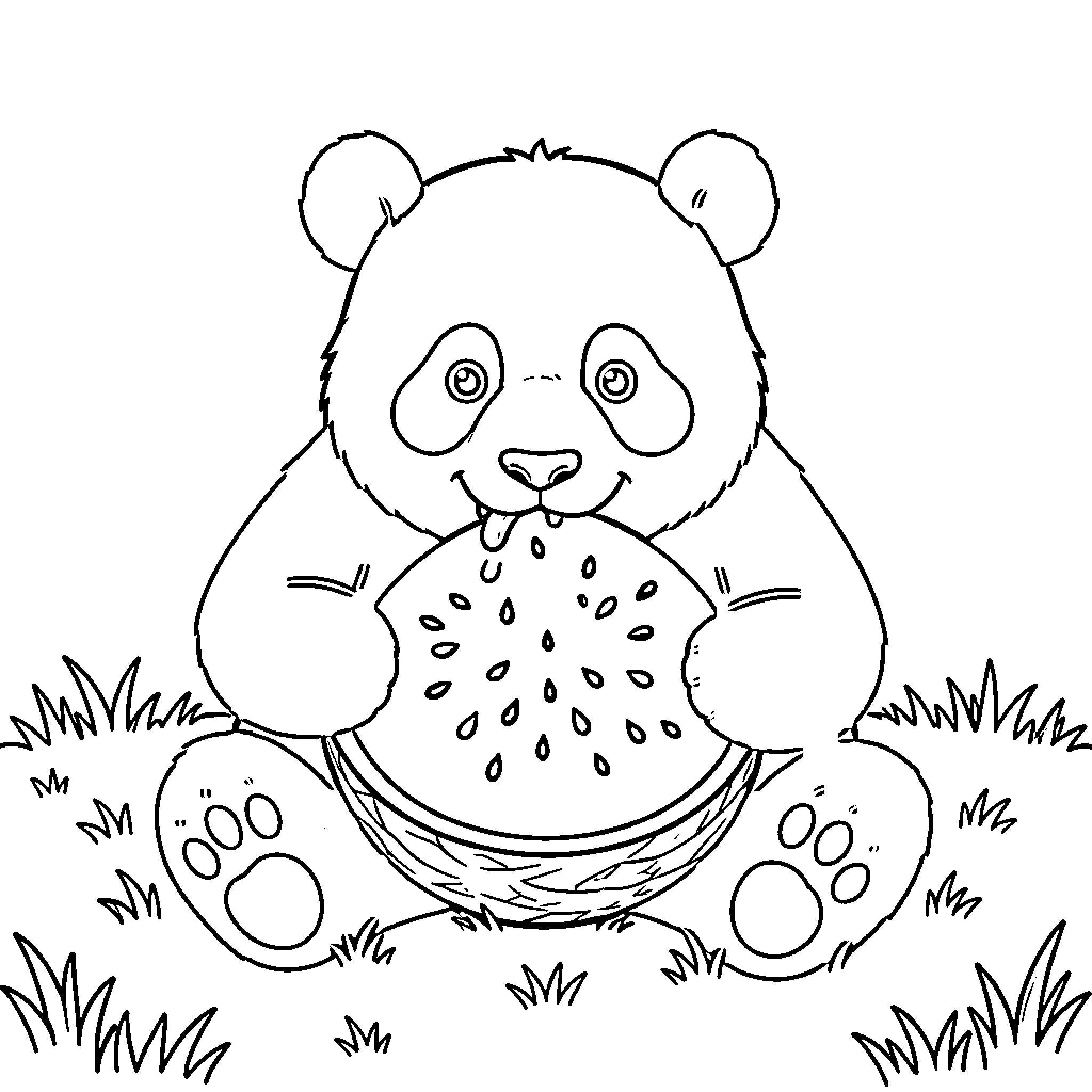 Panda sitting in the grass eating watermelon Coloring Page (free black-and-white line drawing printable PDF for all, from beginners to advanced learners, including children, teens, adults, and seniors)
