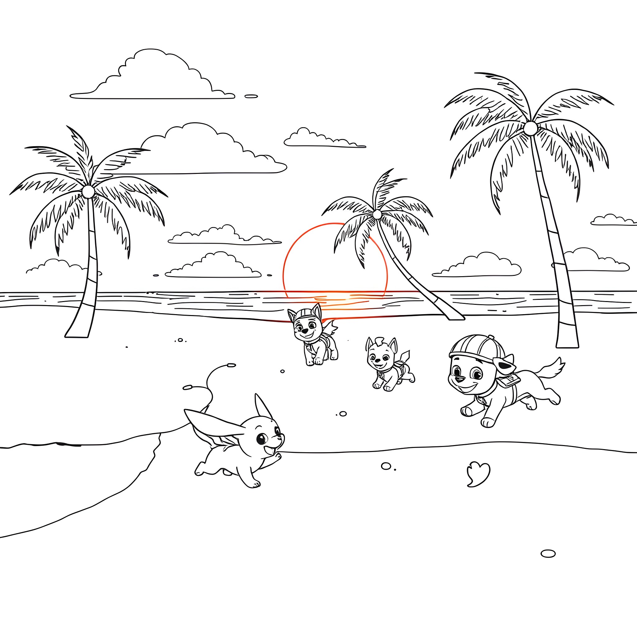 Pokémon characters playing on tropical beach Coloring Page (free black-and-white line drawing printable PDF for all, from beginners to advanced learners, including children, teens, adults, and seniors)