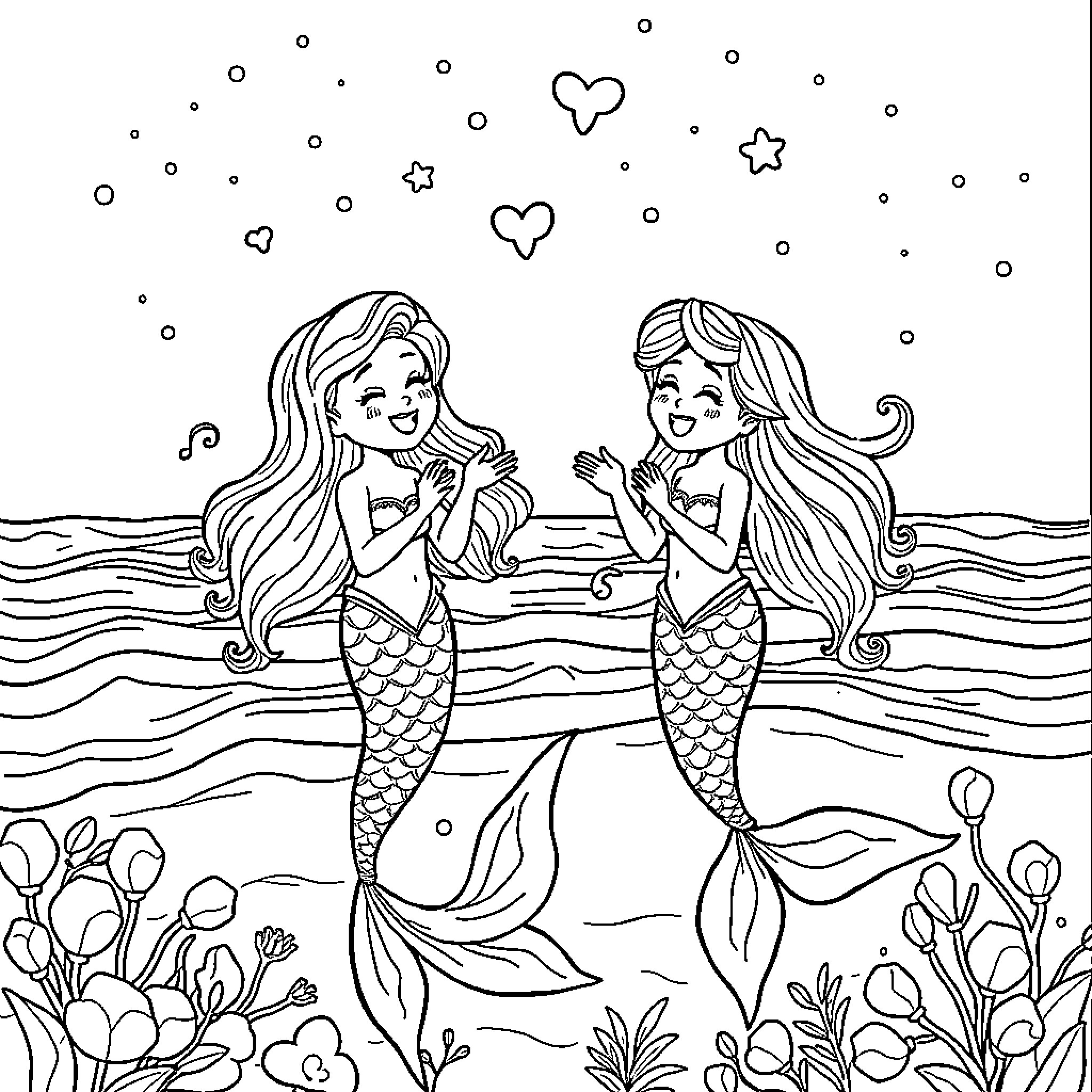 Mermaid sisters playing happily in the underwater world Coloring Page (free black-and-white line drawing printable PDF for all, from beginners to advanced learners, including children, teens, adults, and seniors)