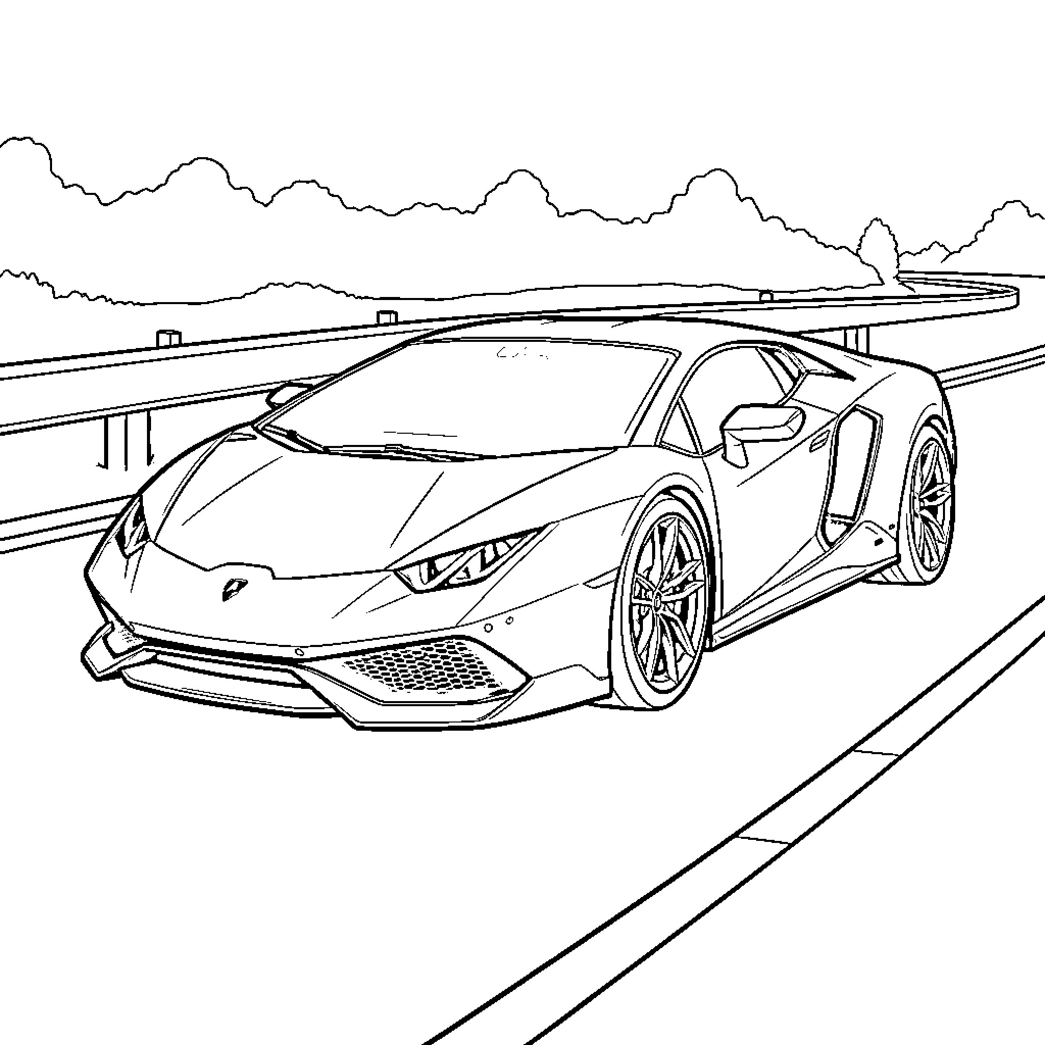 Lamborghini driving fast along a scenic coastal road Coloring Page (free black-and-white line drawing printable PDF for all, from beginners to advanced learners, including children, teens, adults, and seniors)