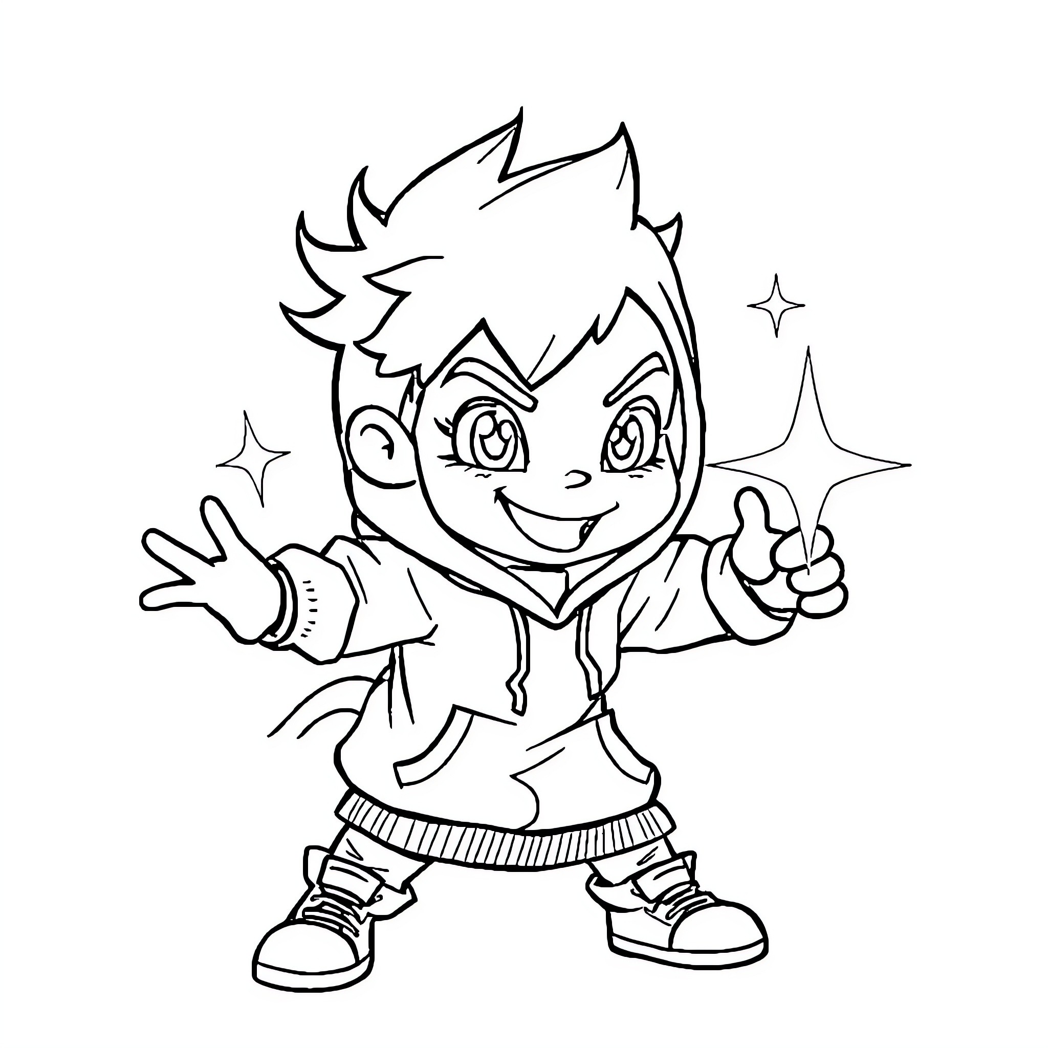 Kid Happily Expressing With Energetic Poses Coloring Page (free black-and-white line drawing printable PDF for all, from beginners to advanced learners, including children, teens, adults, and seniors)