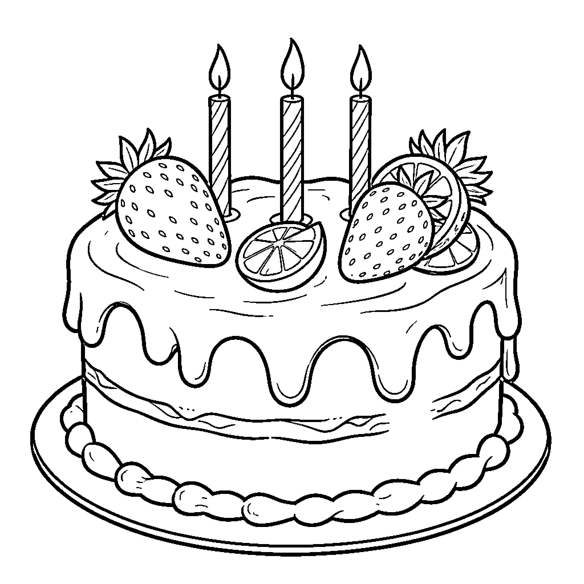 Gâteau decorated with fruit and lit candles Coloring Page (free black-and-white line drawing printable PDF for all, from beginners to advanced learners, including children, teens, adults, and seniors)