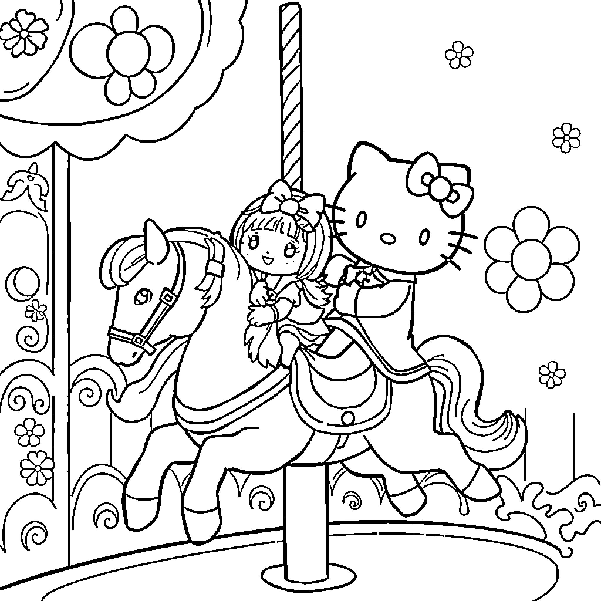 Hello Kitty riding a carousel horse in a whimsical garden Coloring Page (free black-and-white line drawing printable PDF for all, from beginners to advanced learners, including children, teens, adults, and seniors)